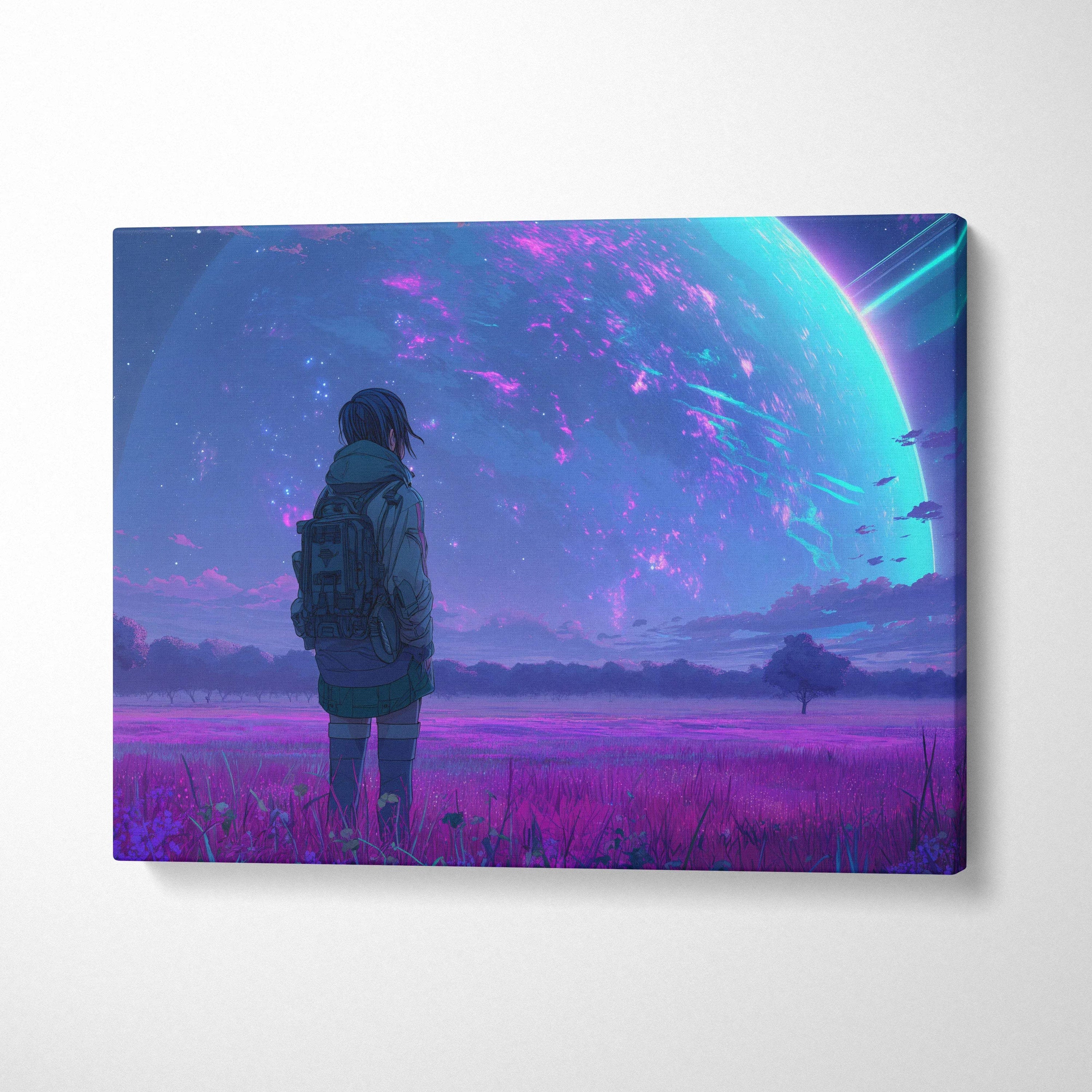 Vibrant neon-pink teal cosmic canvas of solitary traveler gazing at glowing planet