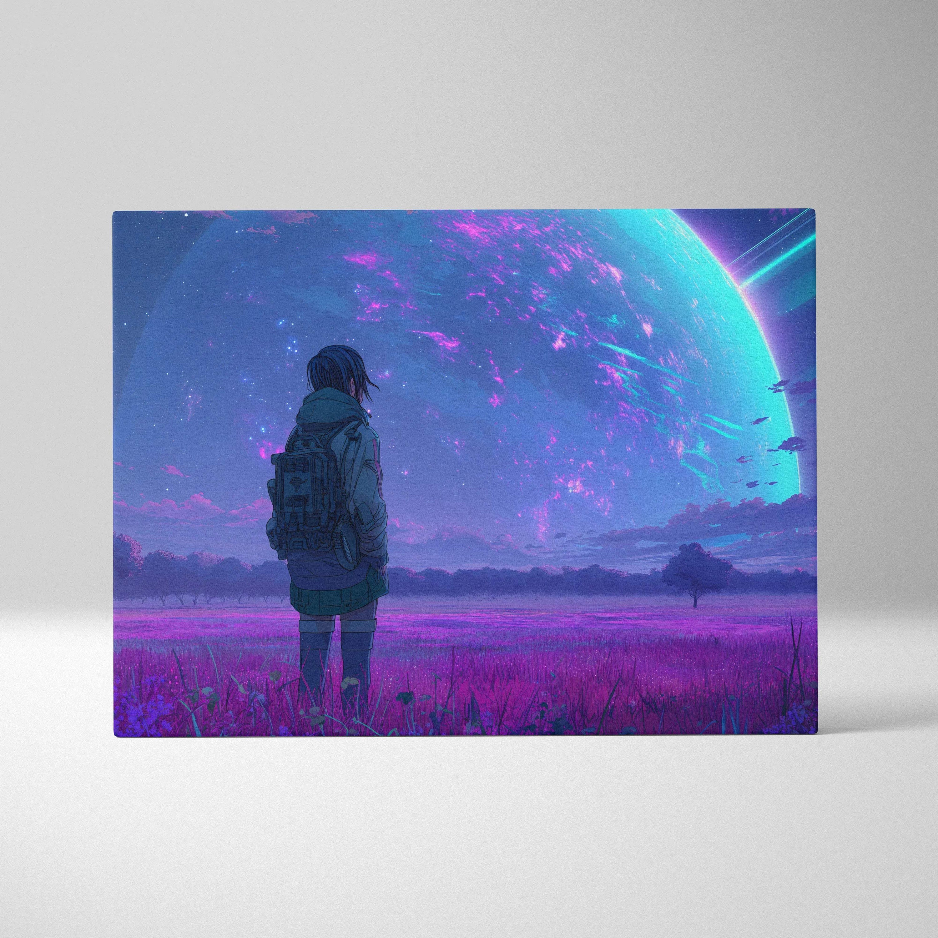 Solitary traveler under neon alien sky with glowing planet canvas art