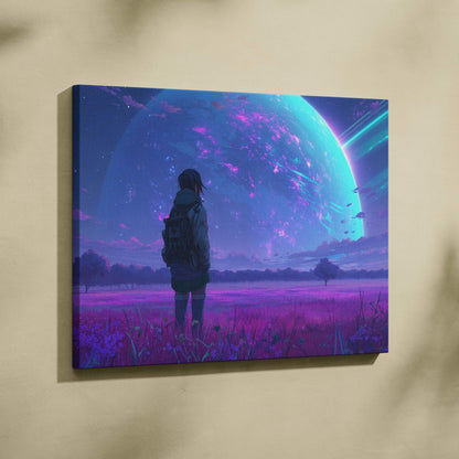 Solitary traveler in purple field gazes at neon planet canvas art