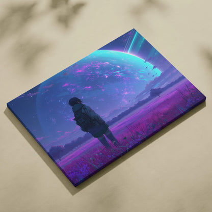Vibrant canvas print of solitary traveler under neon alien sky with glowing planet