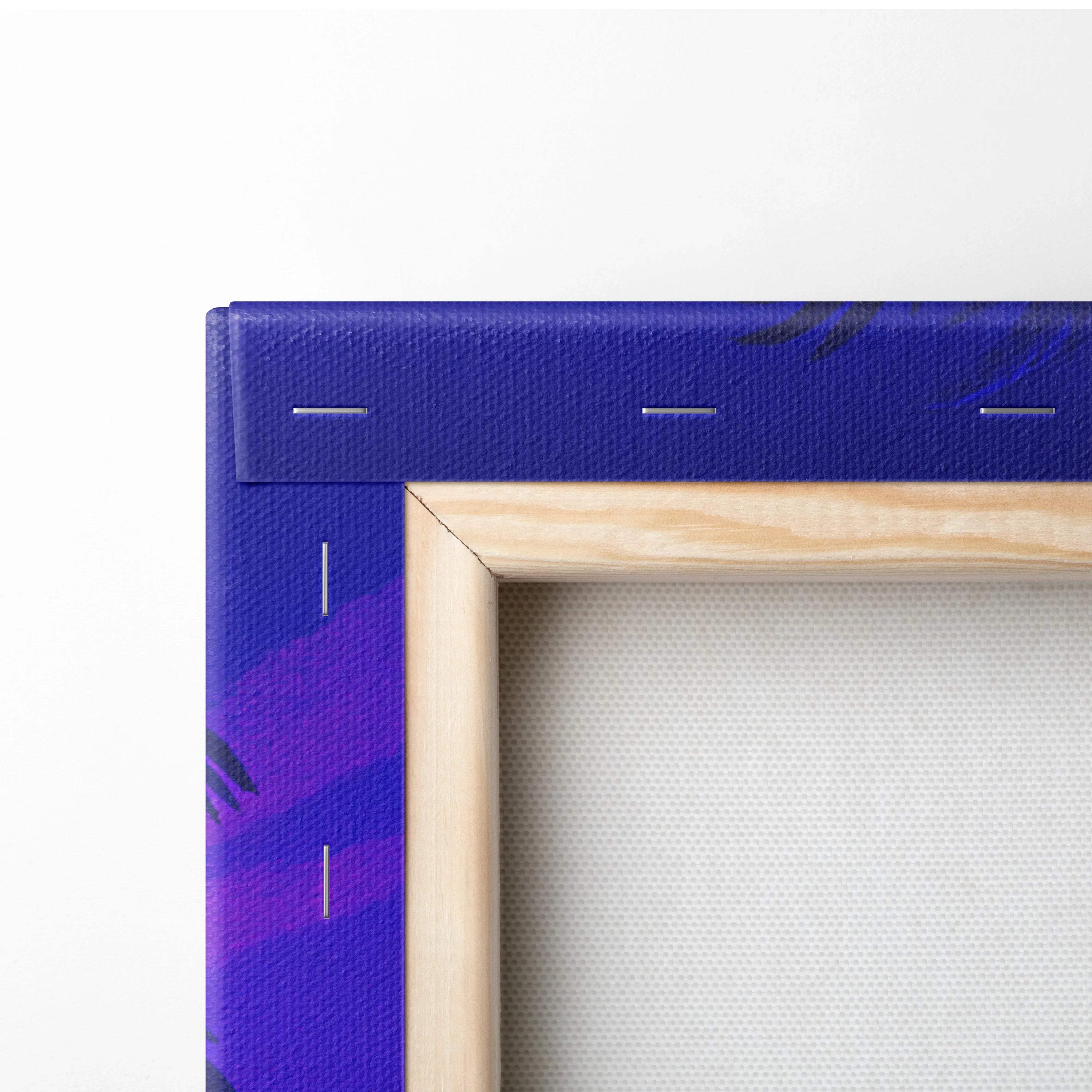 Vibrant purple blue synthwave canvas of stately mansion in neon sunset with palm shadows, wood frame