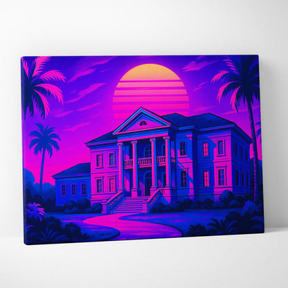 Vibrant neon-pink purple synthwave mansion sunset palms retro canvas art