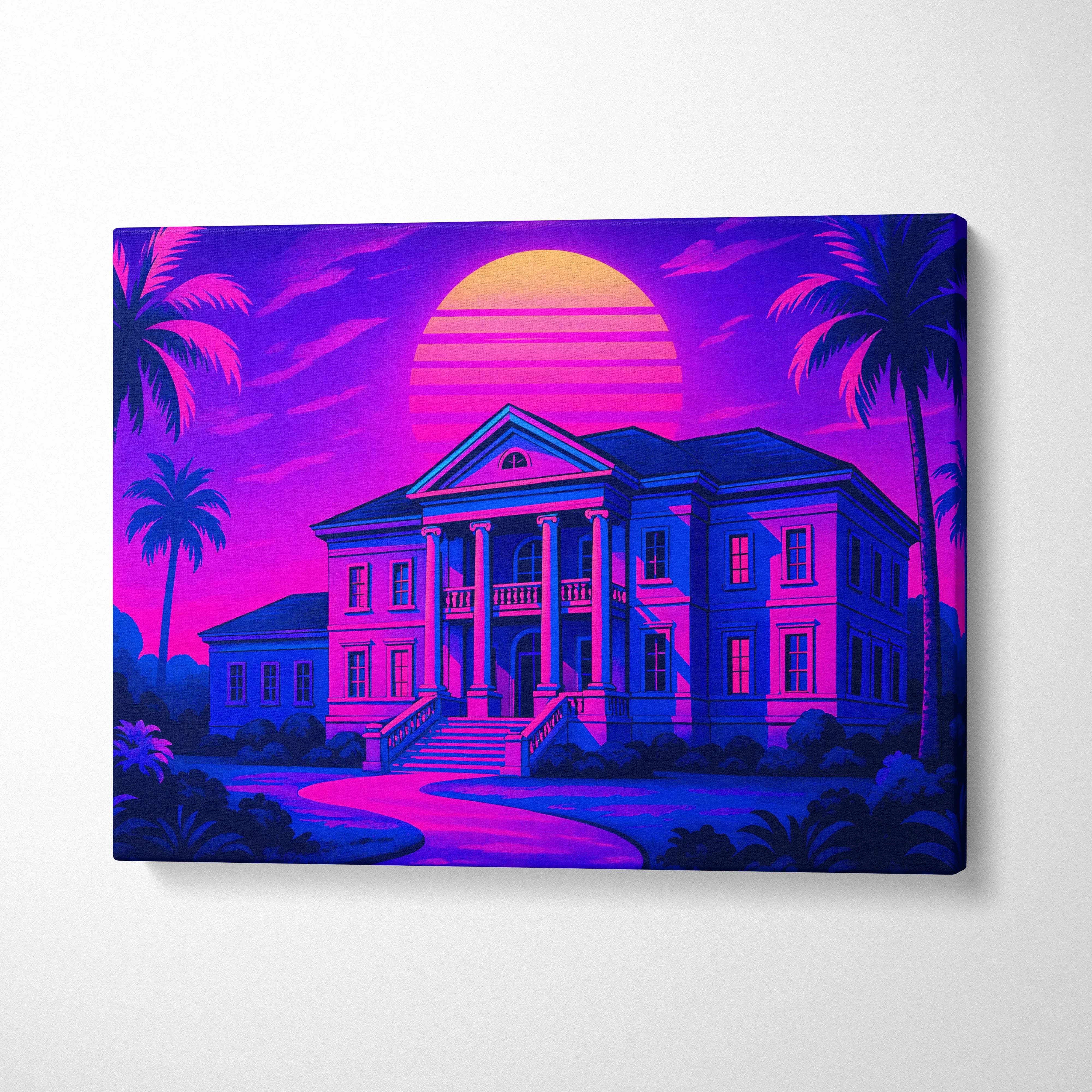 Vibrant neon pink purple synthwave mansion with palms in retro sunset canvas print