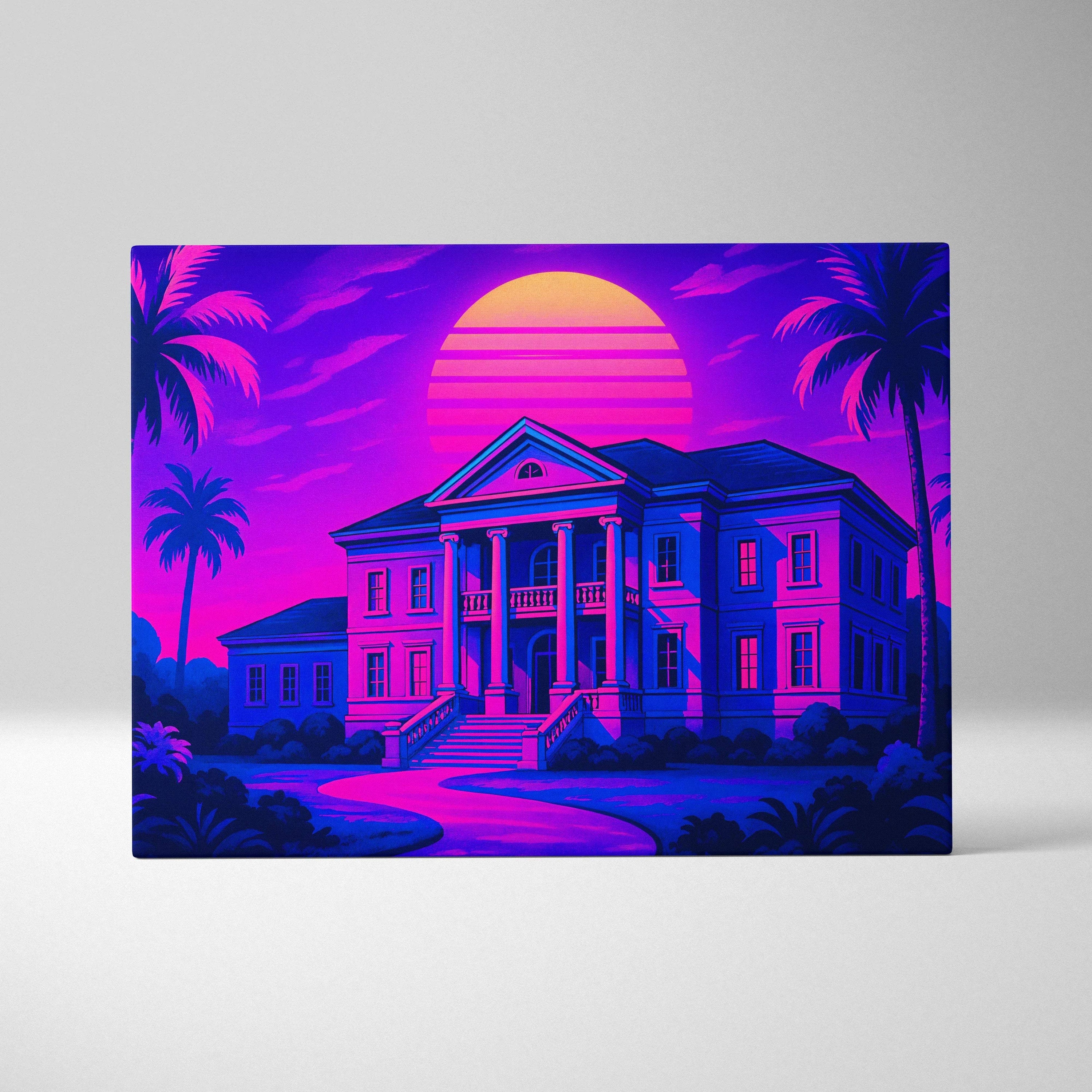 Vibrant neon-pink purple synthwave mansion canvas print with palm shadows sunset