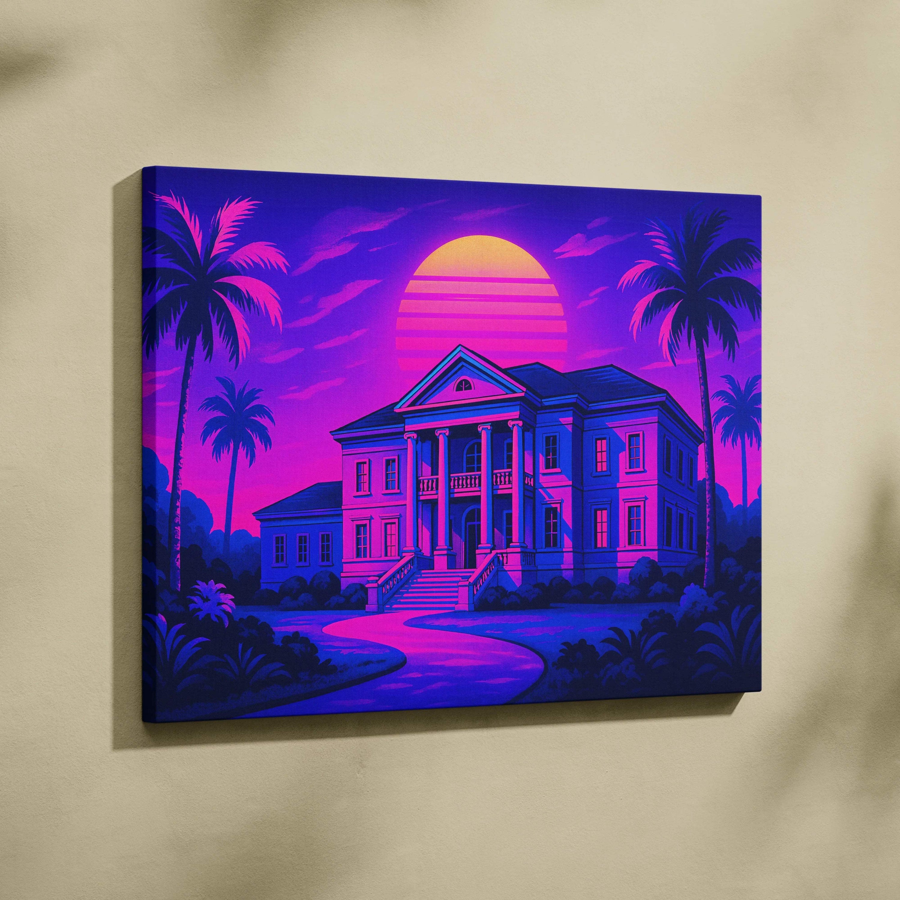 Vibrant neon purple pink synthwave mansion at sunset with palm shadows canvas print