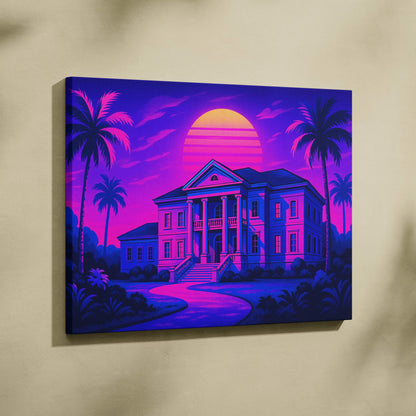 Vibrant neon purple pink synthwave mansion at sunset with palm shadows canvas print