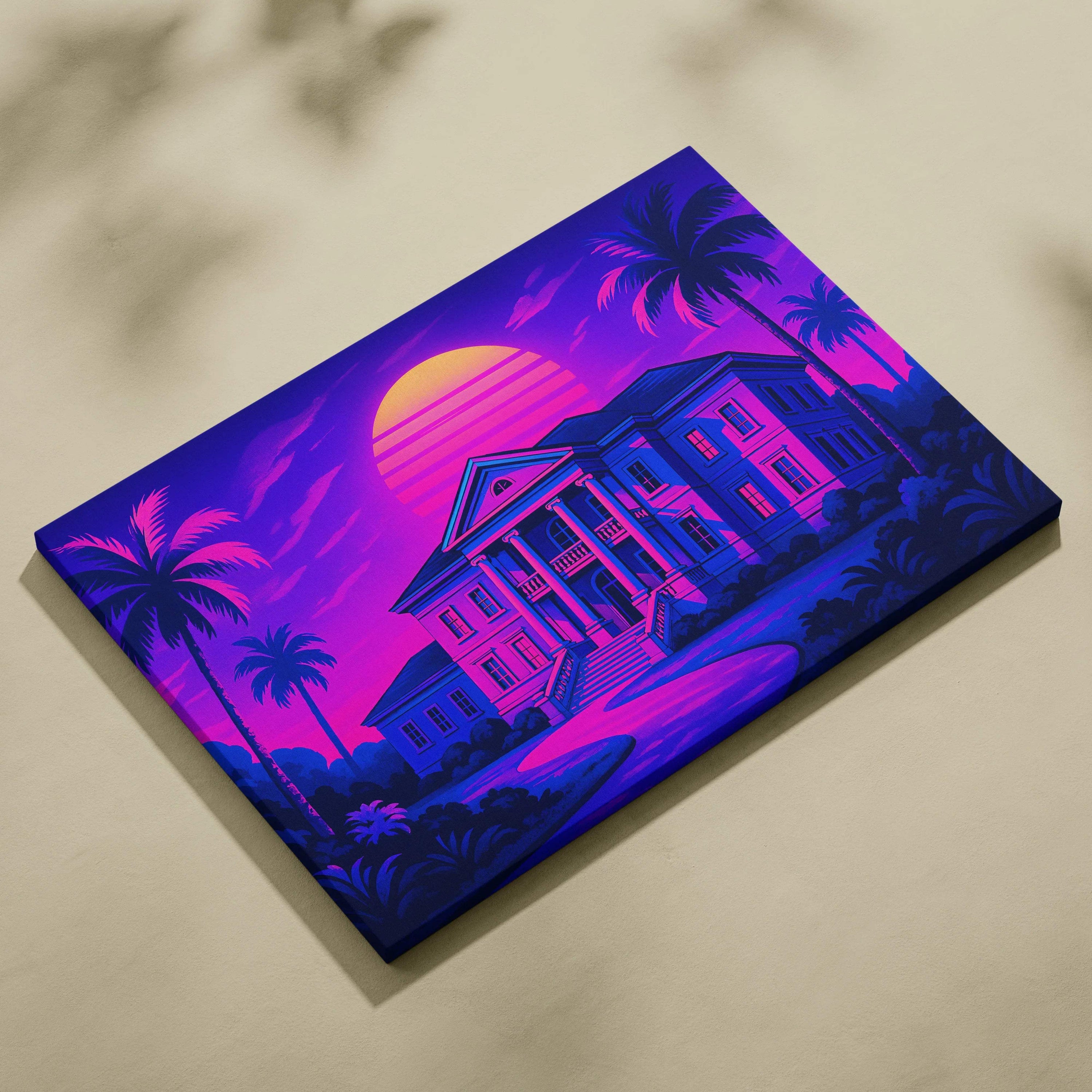 Vibrant synthwave neon canvas print of retro-futuristic mansion in pink sunset with palm shadows