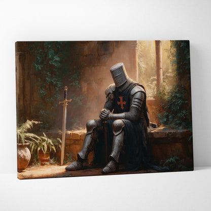 Medieval knight in dark armor with red cross in moody golden light canvas art