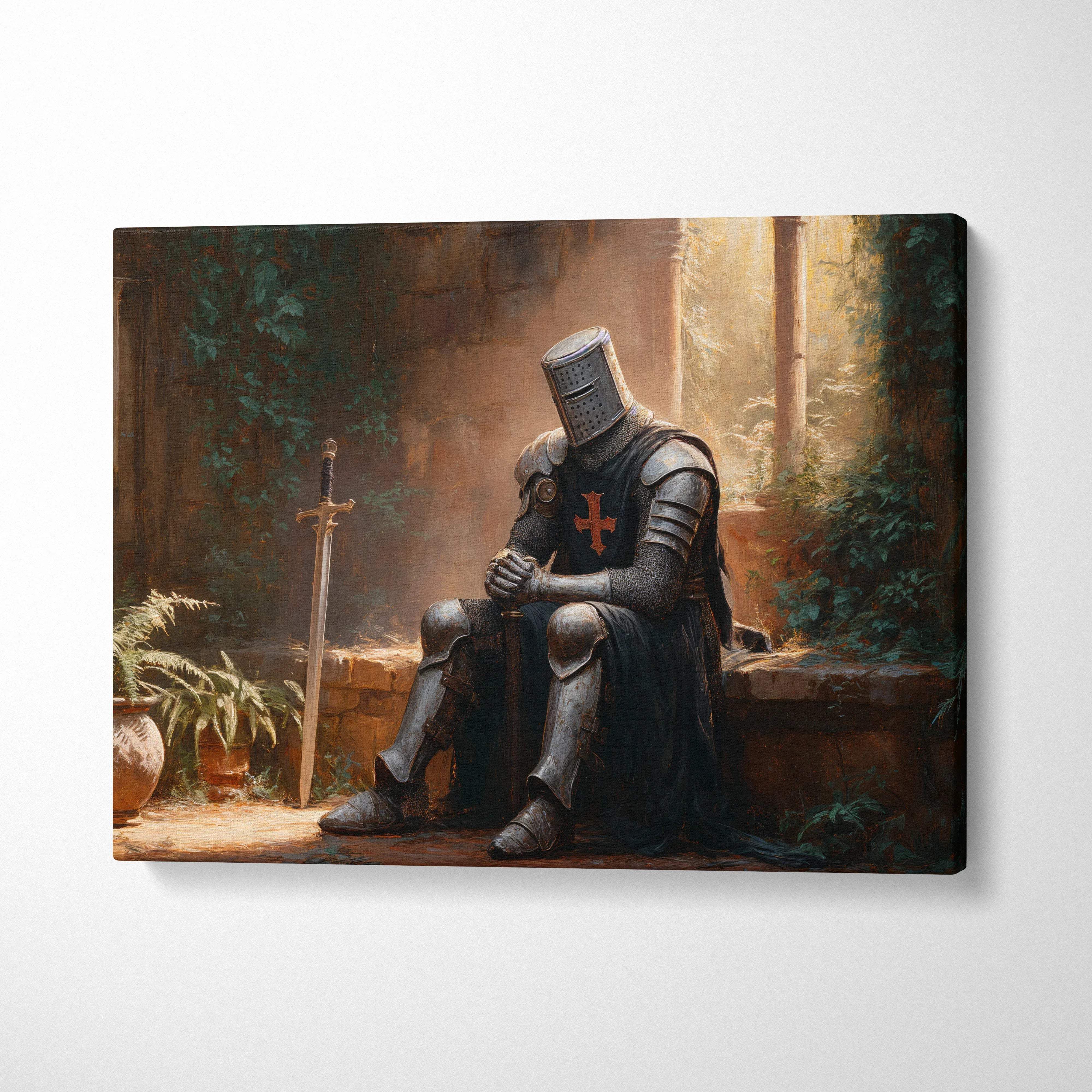 Medieval knight in dark armor with red cross in moody golden light canvas art