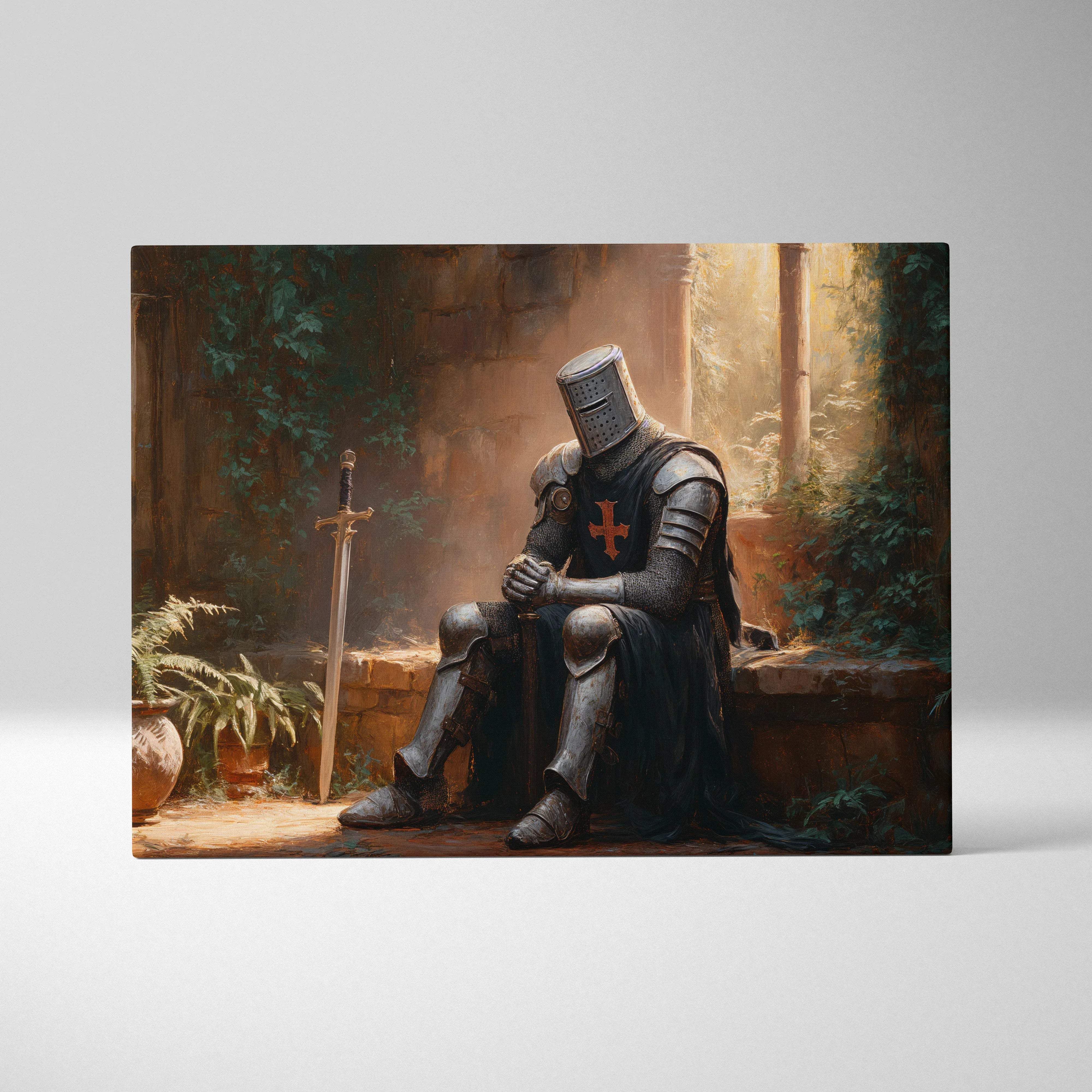 Medieval knight in dark armor with orange cross in moody golden light canvas art