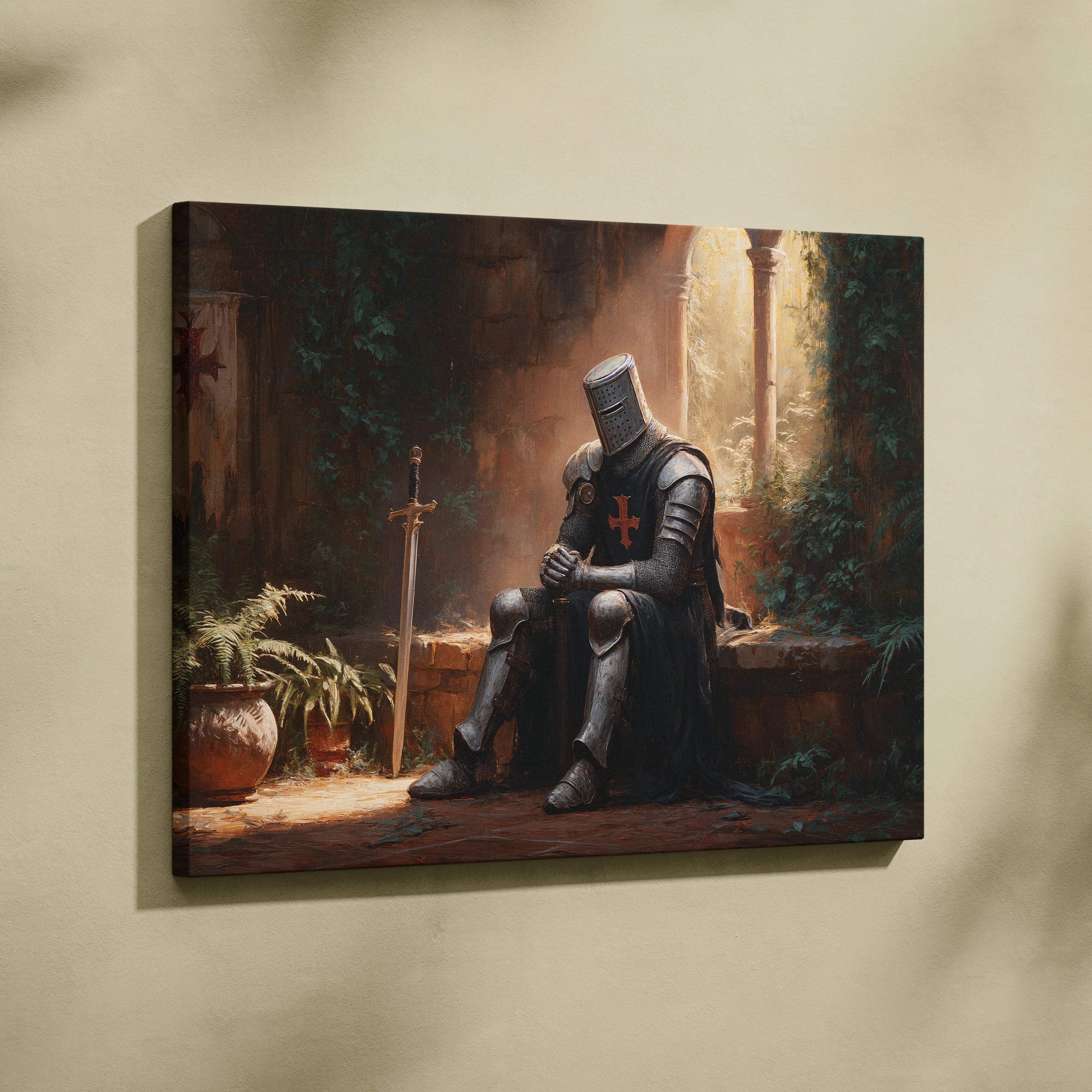 Medieval knight in dark armor with red cross rests by sword in golden light canvas art