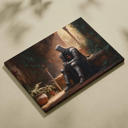Medieval knight in dark armor with red cross on moody golden light canvas print