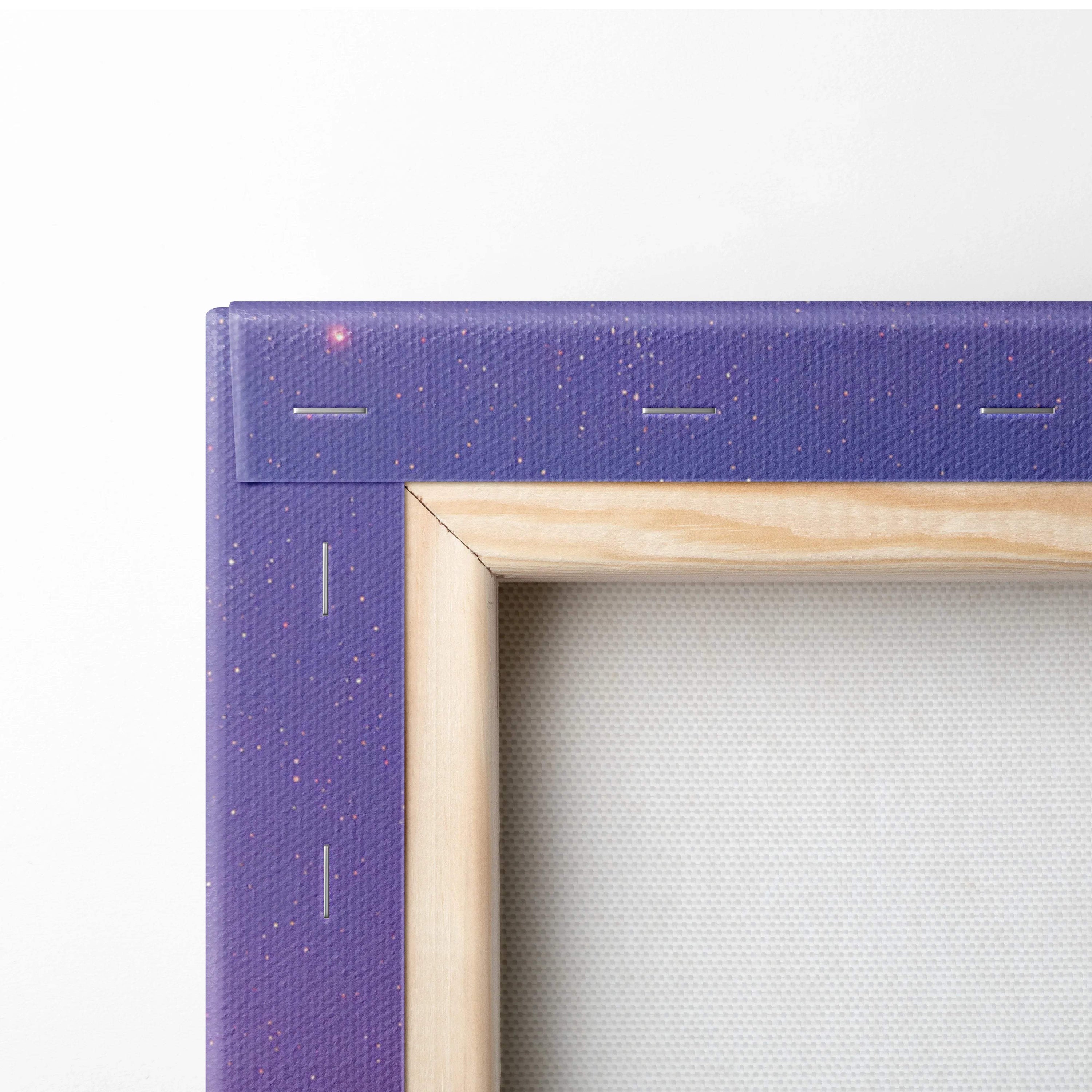 Purple speckled canvas frame with light wood border and lavender twilight sky art