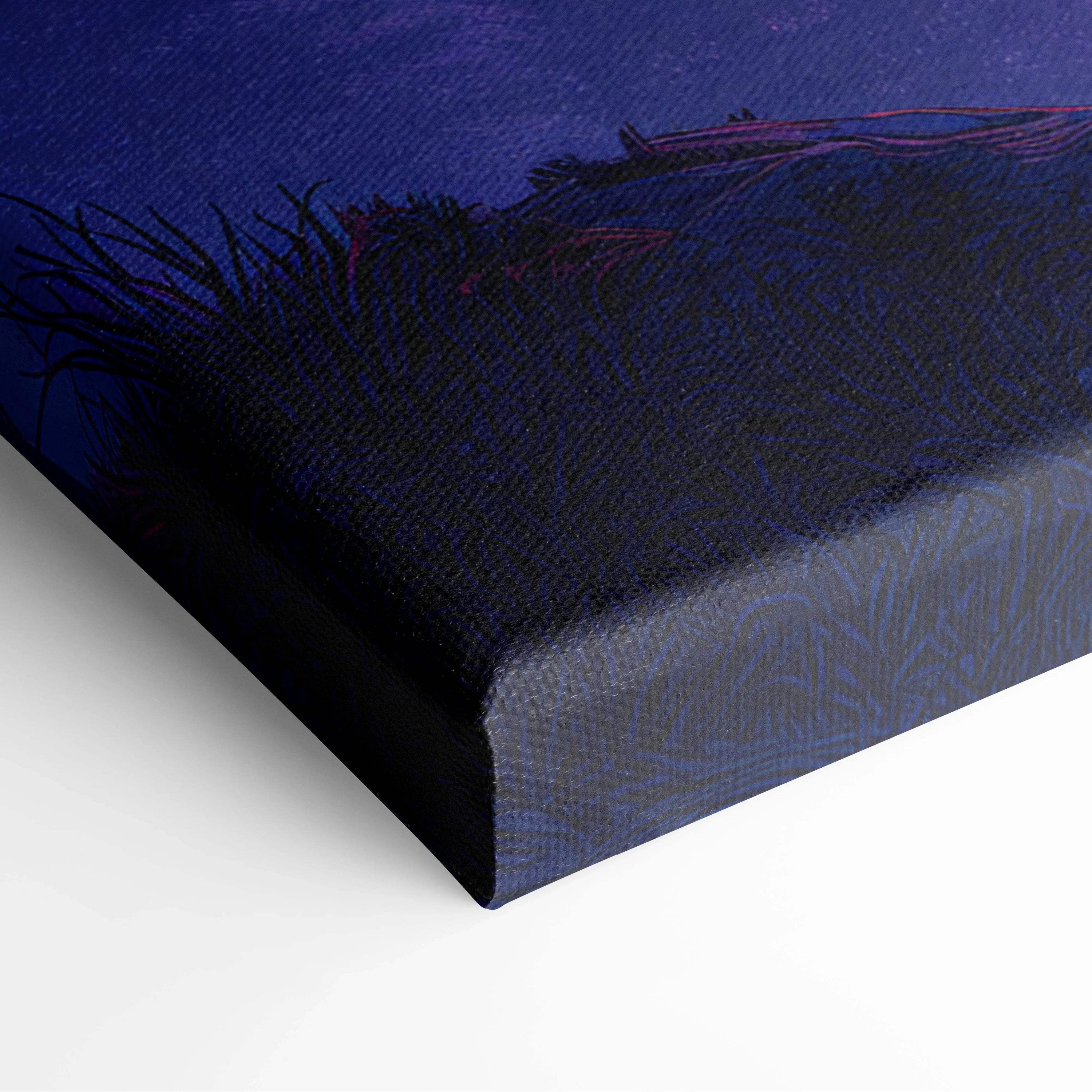 Deep blue visionary mountain landscape canvas with lavender twilight sky, grass silhouettes and starry accents