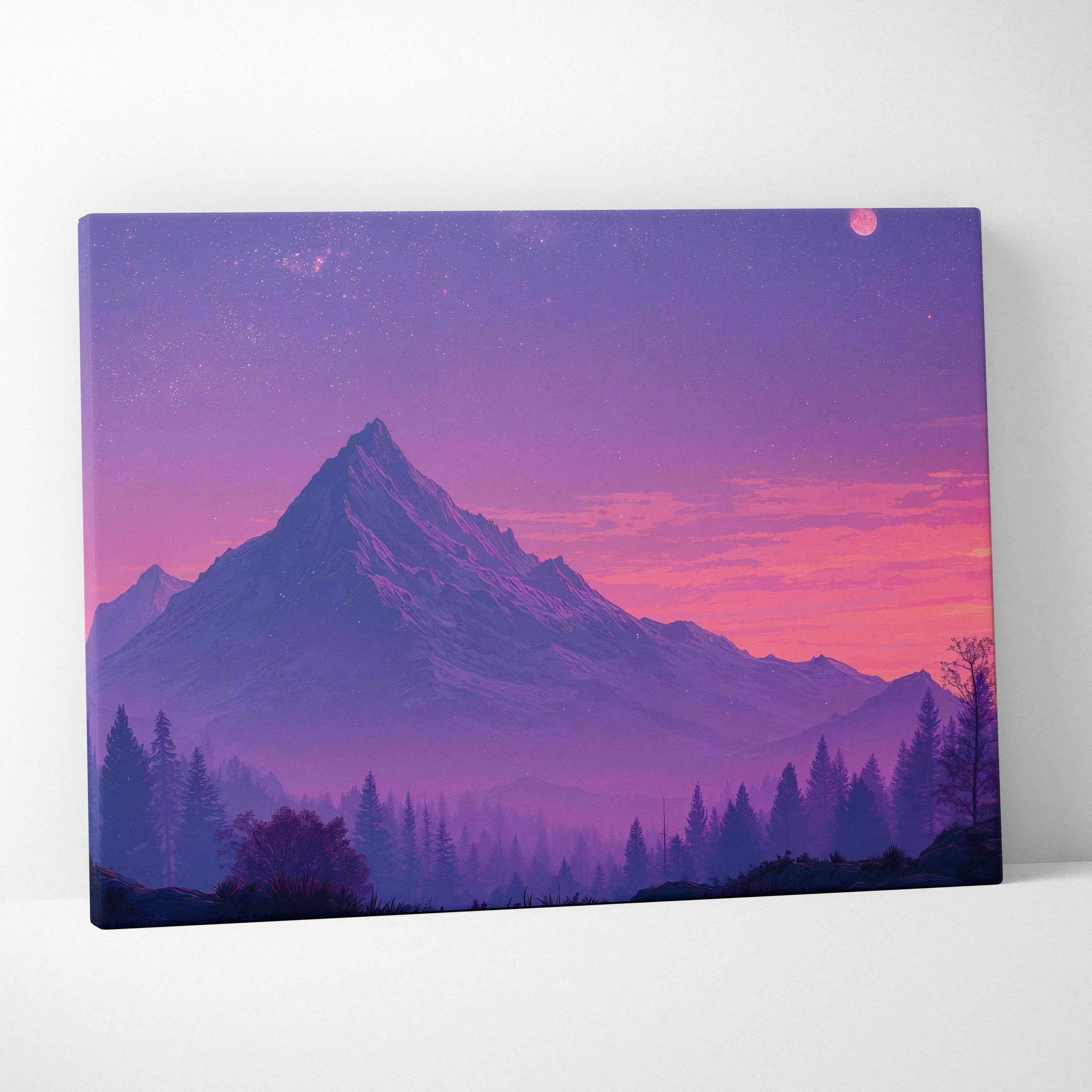 Purple pink mountain landscape canvas print starry sky crescent moon