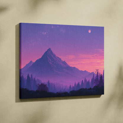 Purple pink mountain landscape canvas print starry sky crescent moon