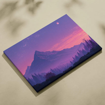 Vibrant purple pink mountain landscape canvas with lavender twilight starry sky