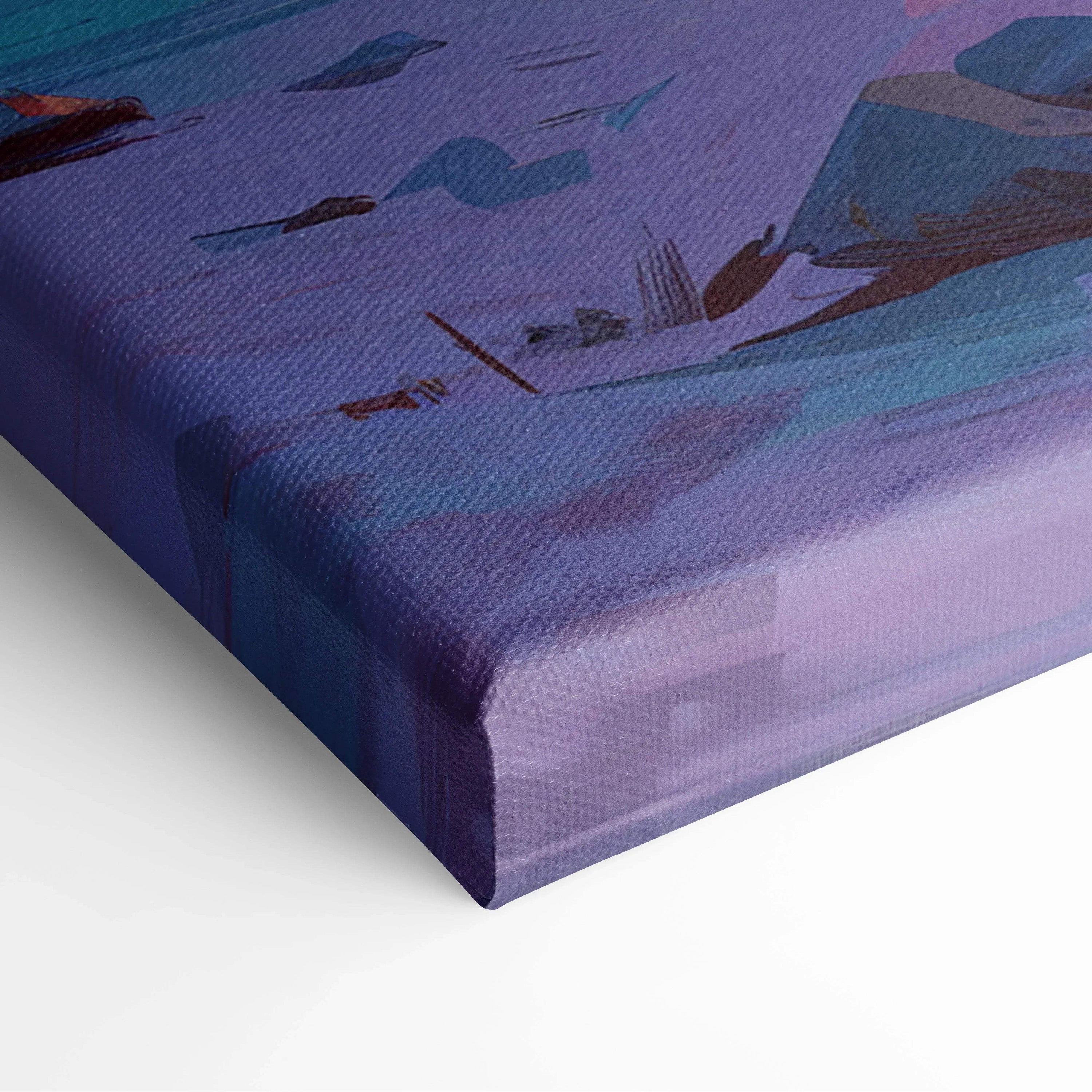 Purple blue abstract textured canvas painting of visionary coastal sunset van on beach