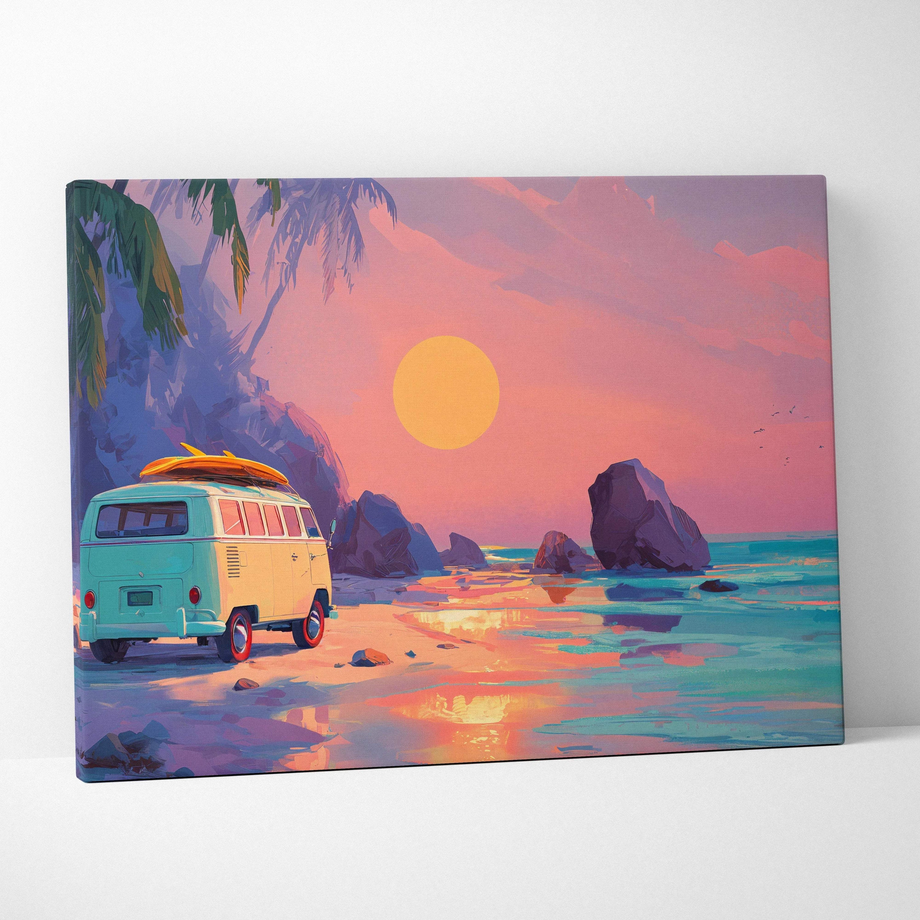 Pastel turquoise cream vintage surf van on beach at coral dusk sunset with surfboard