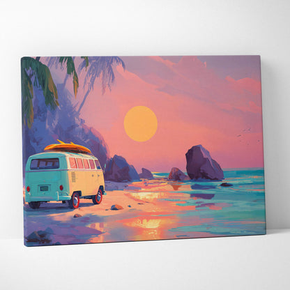 Pastel turquoise cream vintage surf van on beach at coral dusk sunset with surfboard