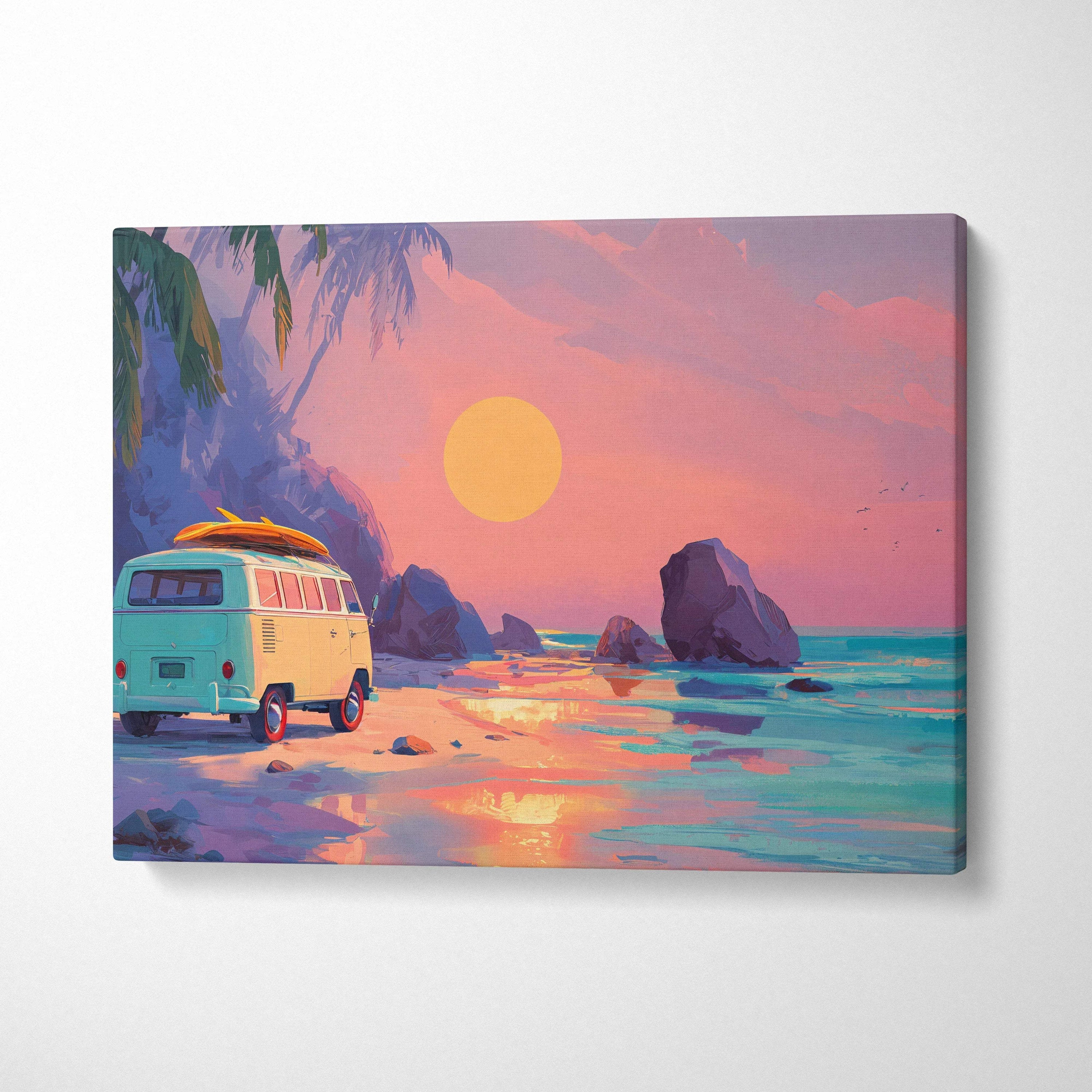 Pastel visionary coastal sunset VW van on beach with surfboard canvas print