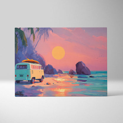 Pastel turquoise cream vintage VW van with surfboard on roof at coral dusk beach sunset