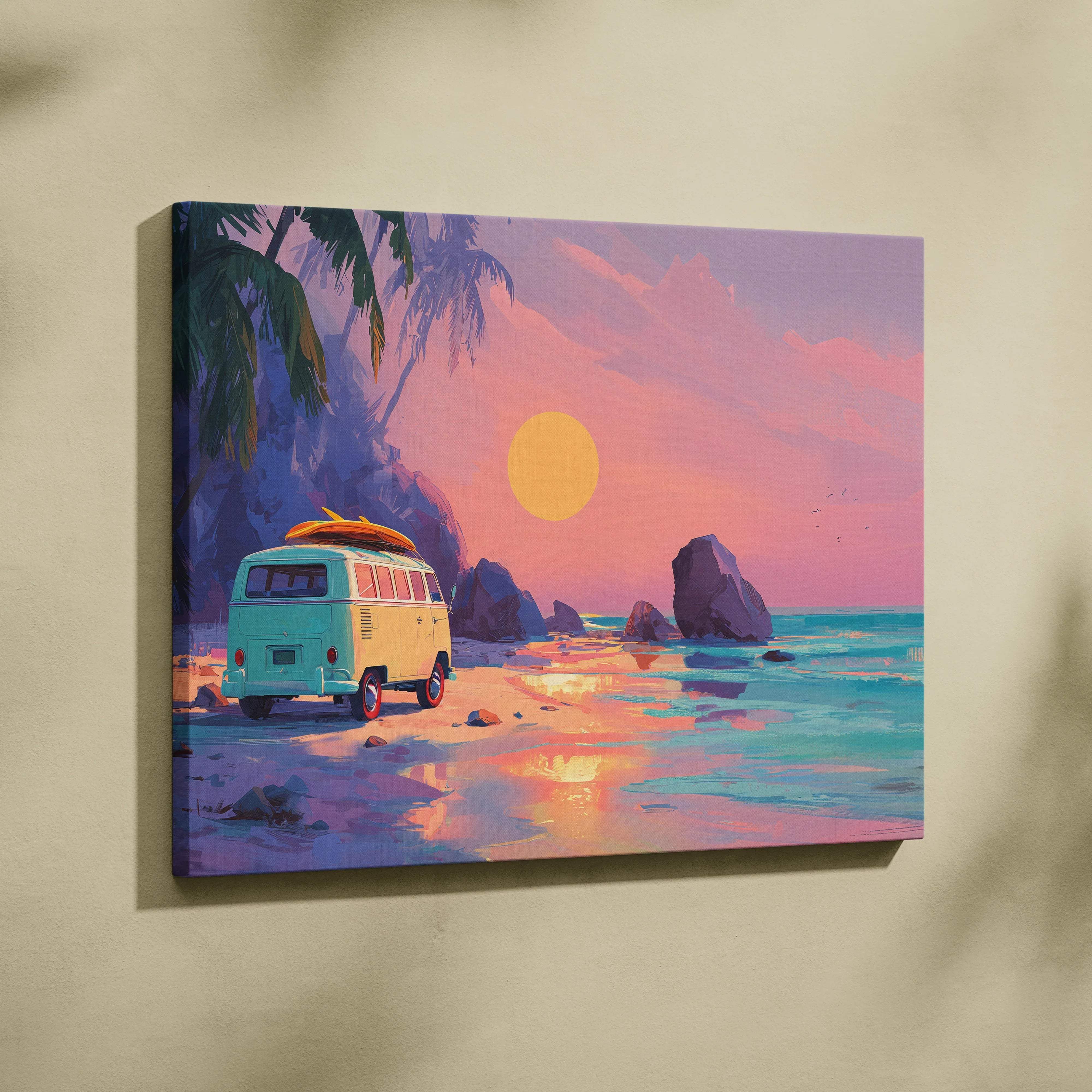 Pastel visionary coastal sunset VW van on beach with surfboard canvas art
