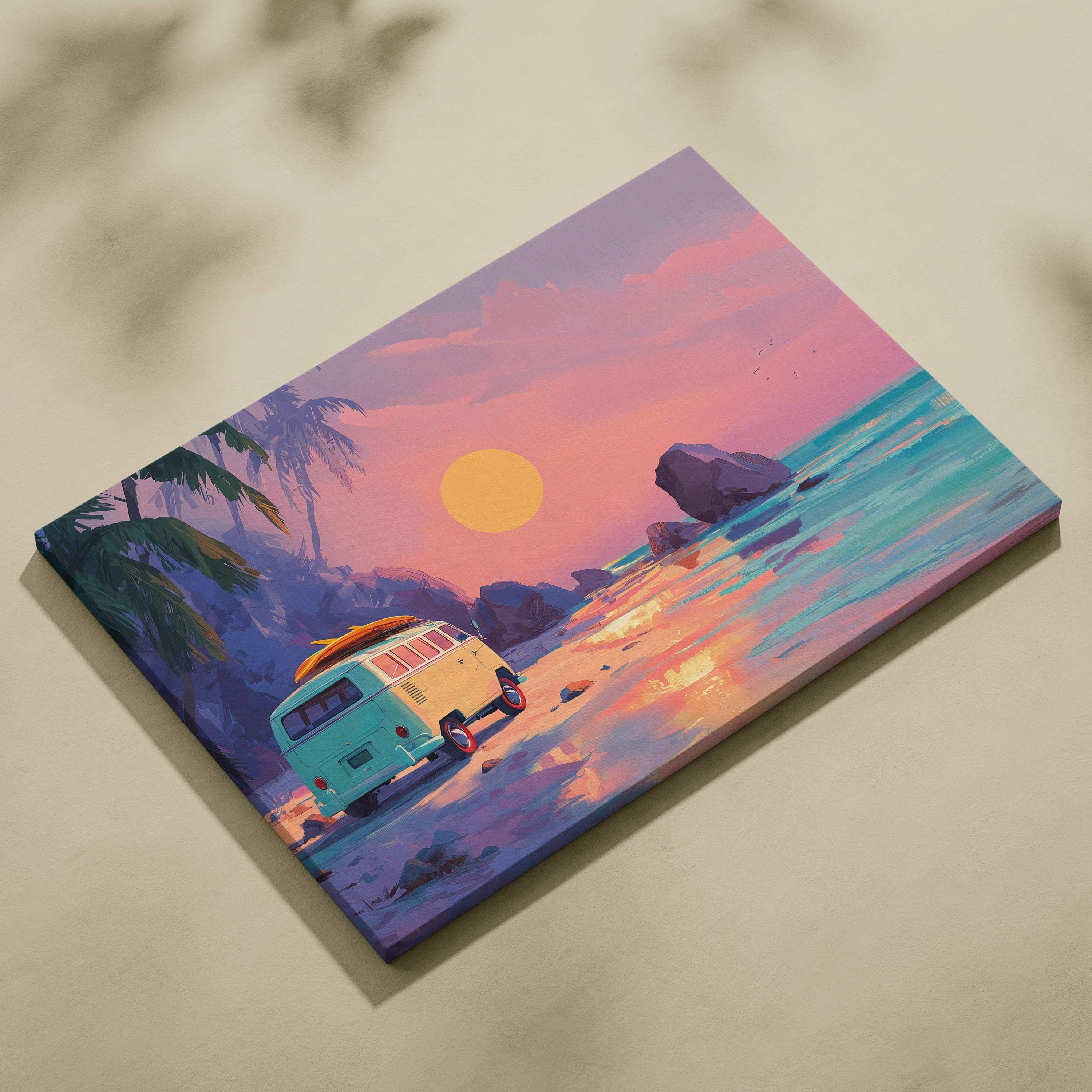 Pastel turquoise cream vintage van on beach at sunset with surfboard canvas print