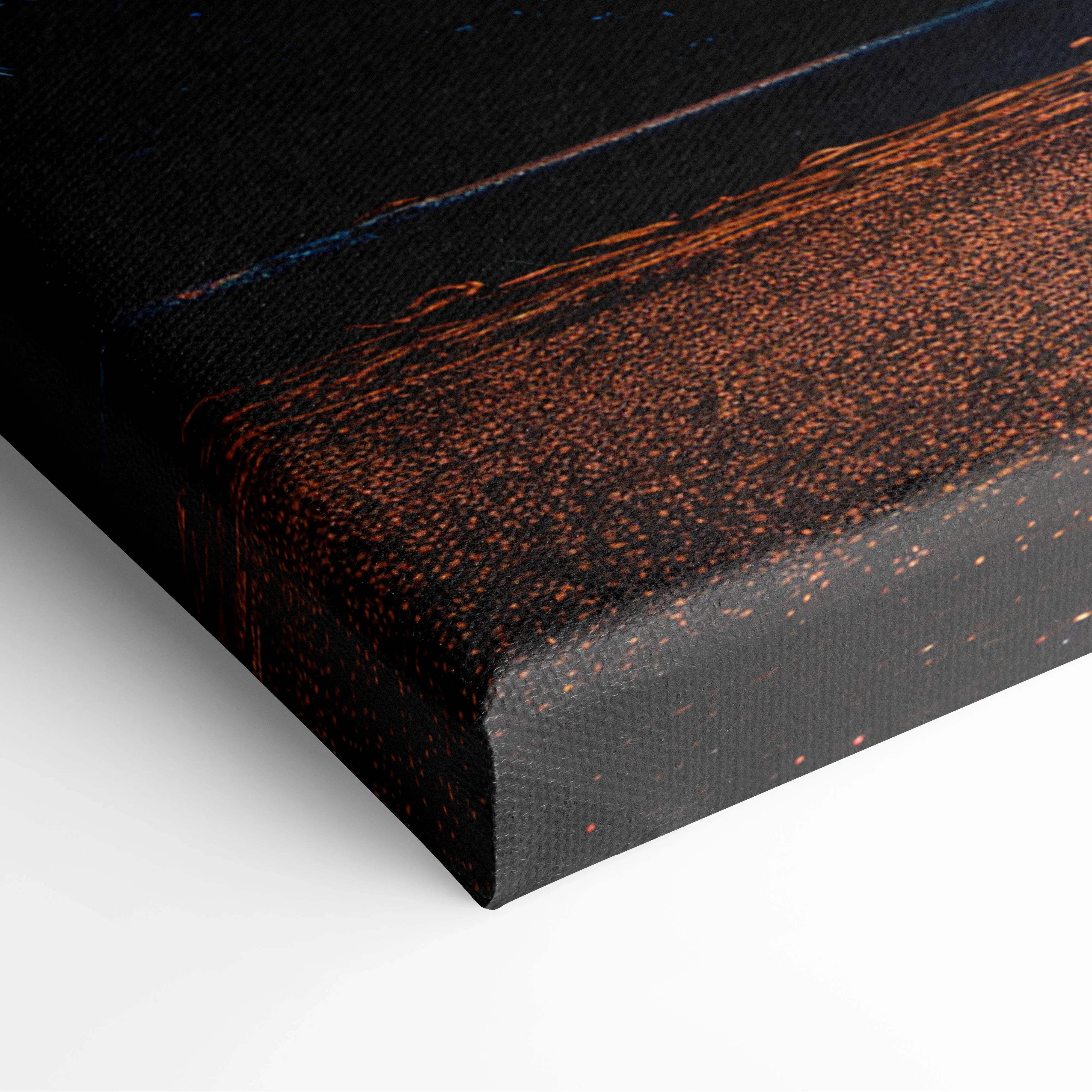 Back of black Eiffel Tower at night canvas print with rust textured brushstrokes