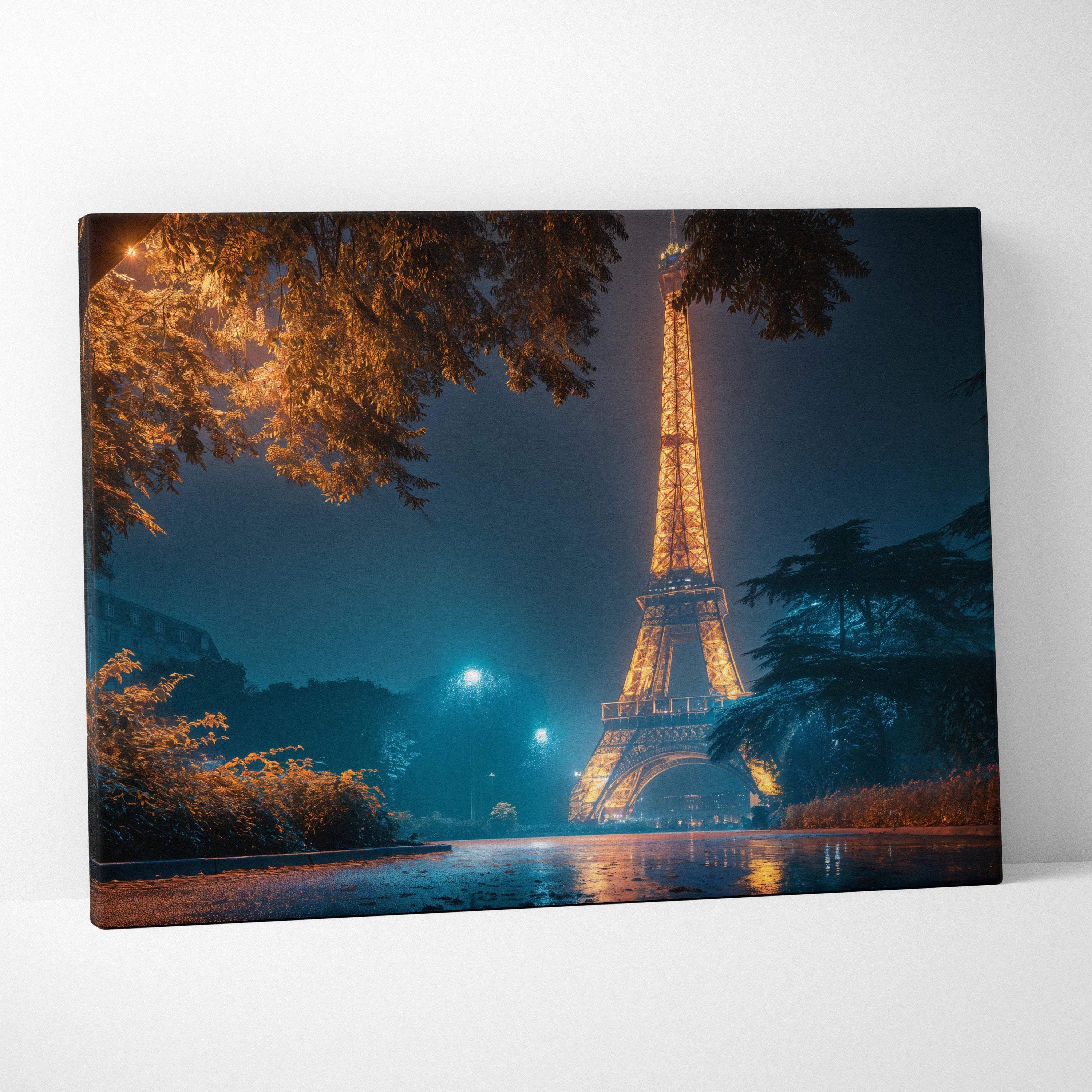 Eiffel Tower at night canvas art with golden lights, rainy streets