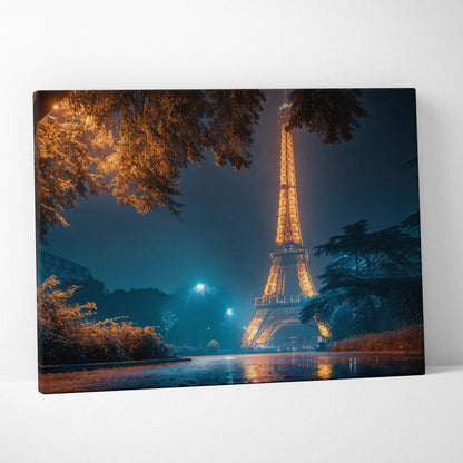 Eiffel Tower at night canvas art with golden lights, rainy streets