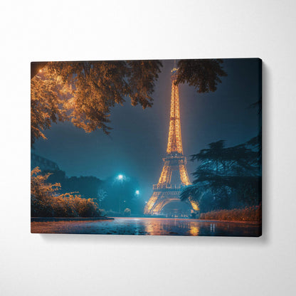 Eiffel Tower at night canvas art with golden lights, rainy streets
