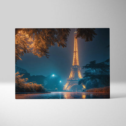 Eiffel Tower at night canvas art with golden lights, rainy streets