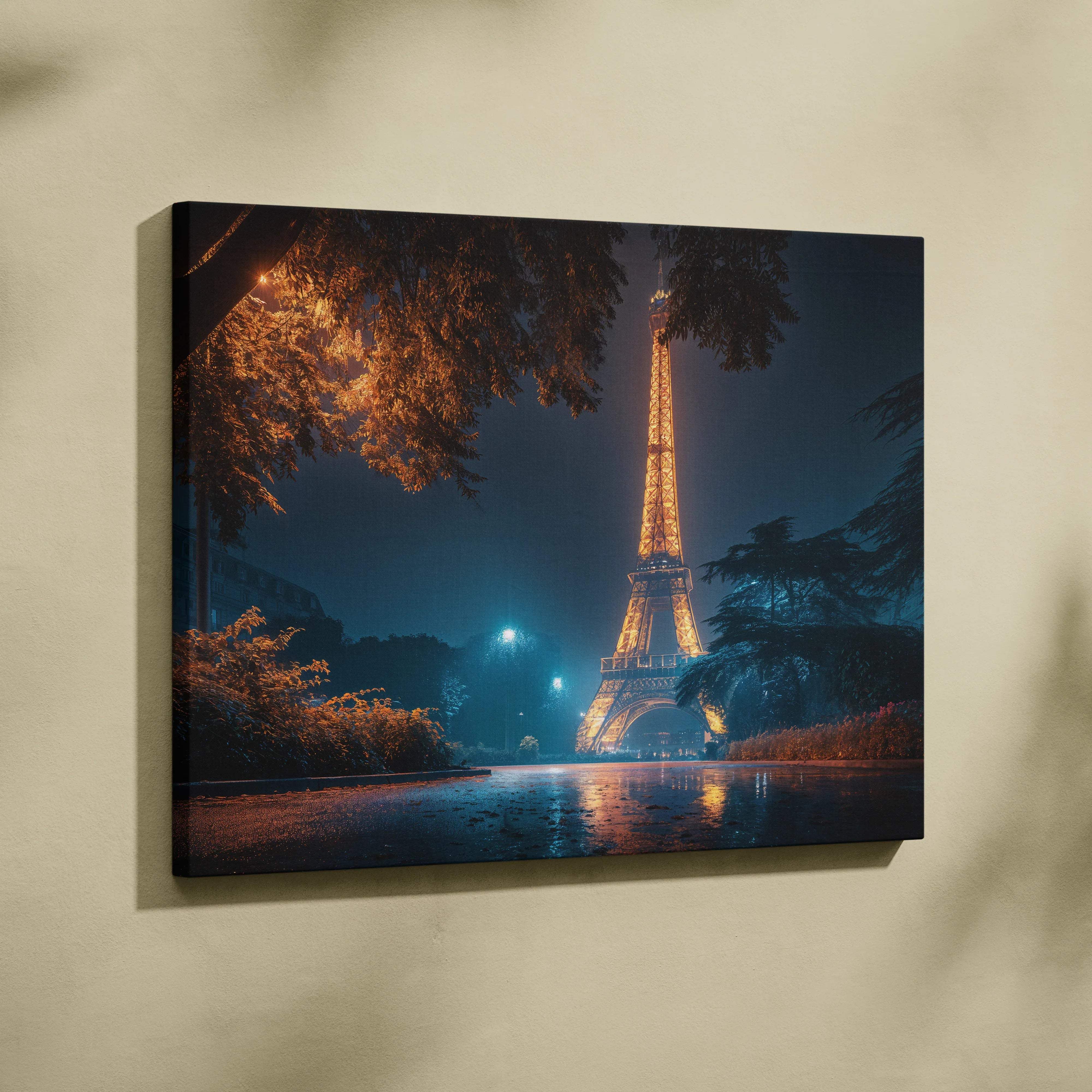 Eiffel Tower at night canvas wall art with romantic golden light on rainy Paris streets