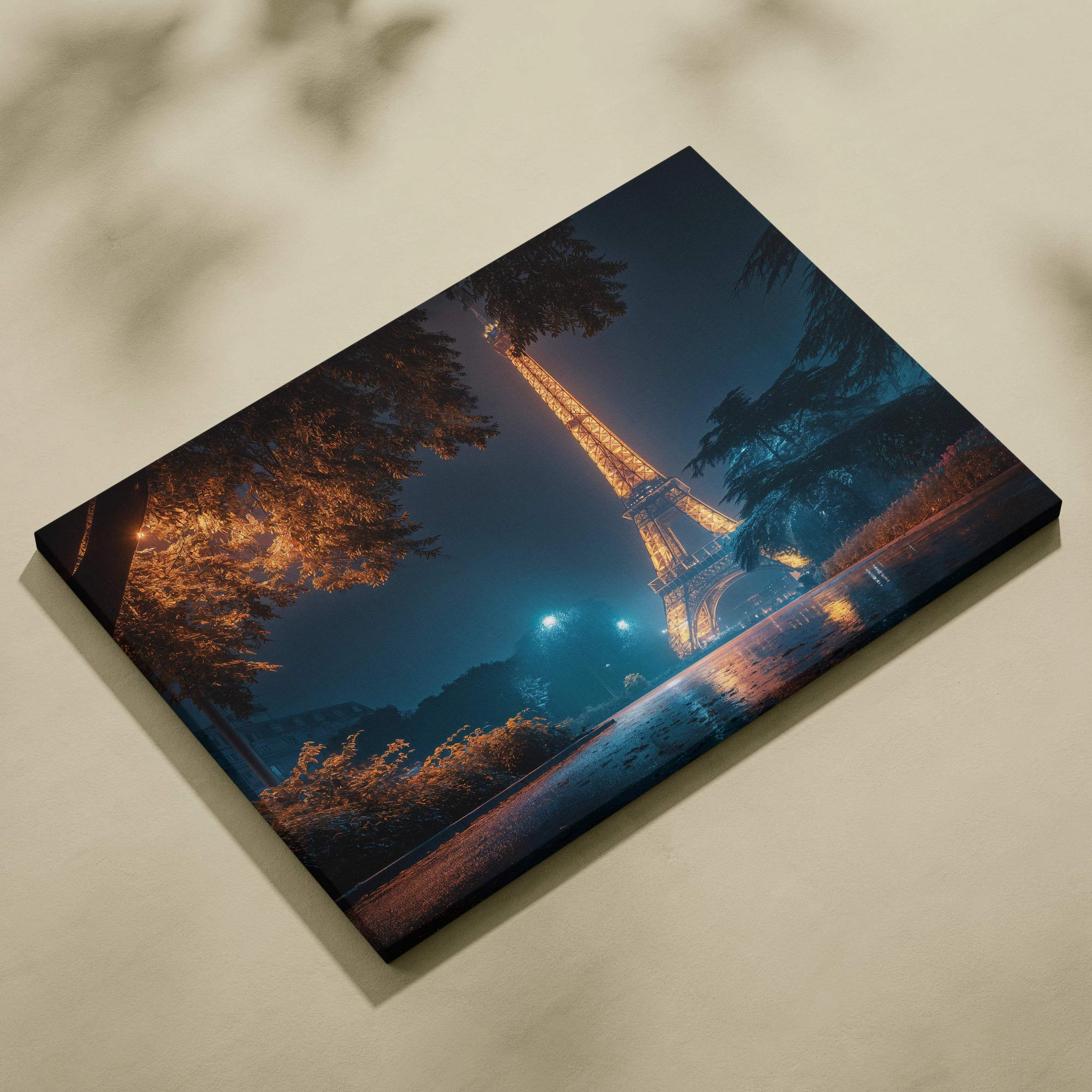 Eiffel Tower at night canvas print with golden light, rainy streets, trees, water reflection