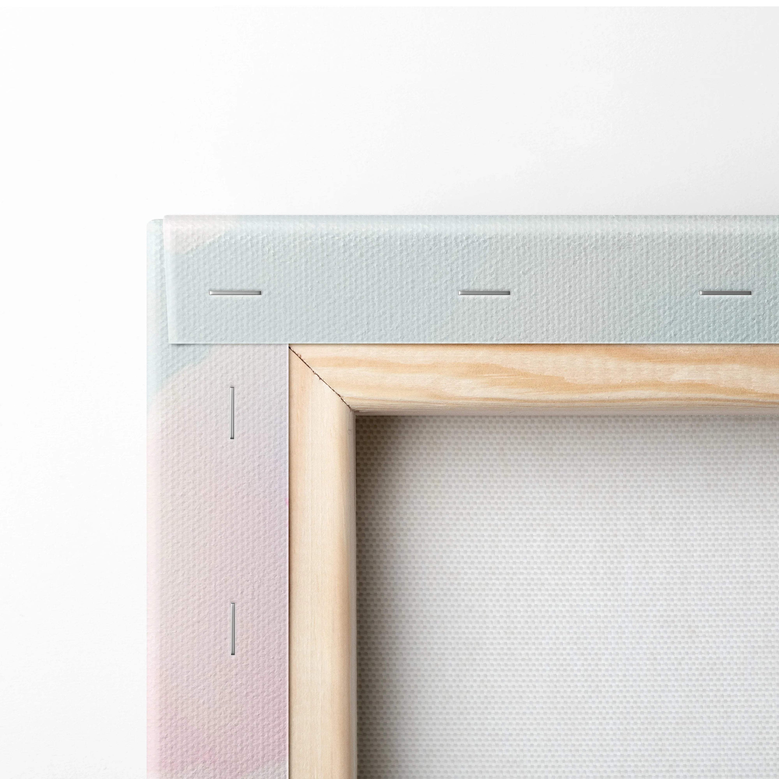 Dreamy pastel cottage floating above cloud sea on light blue pink gradient canvas in wood frame