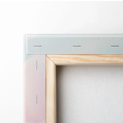 Dreamy pastel cottage floating above cloud sea on light blue pink gradient canvas in wood frame