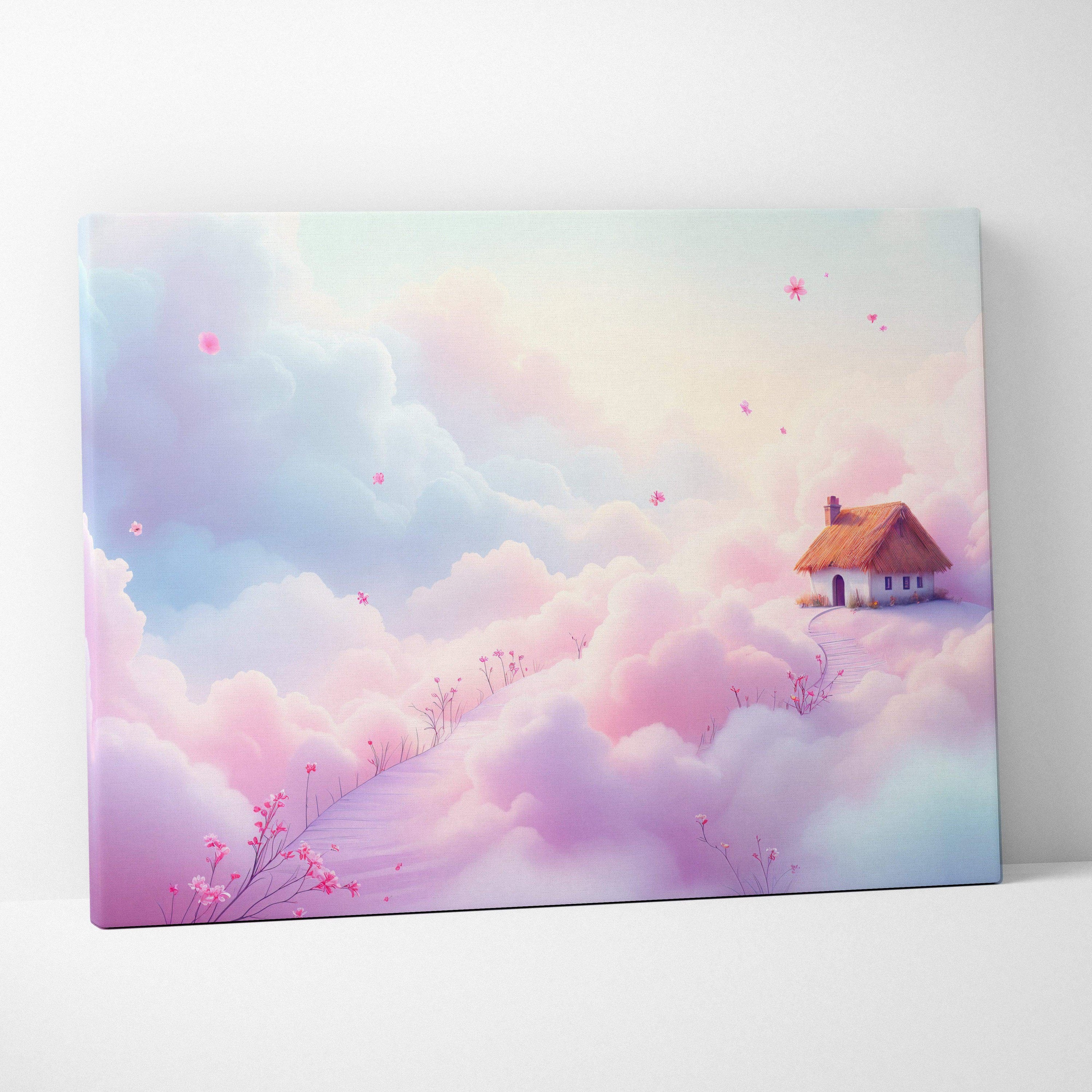 Dreamy pastel cottage floating above cloud sea with drifting petals canvas art
