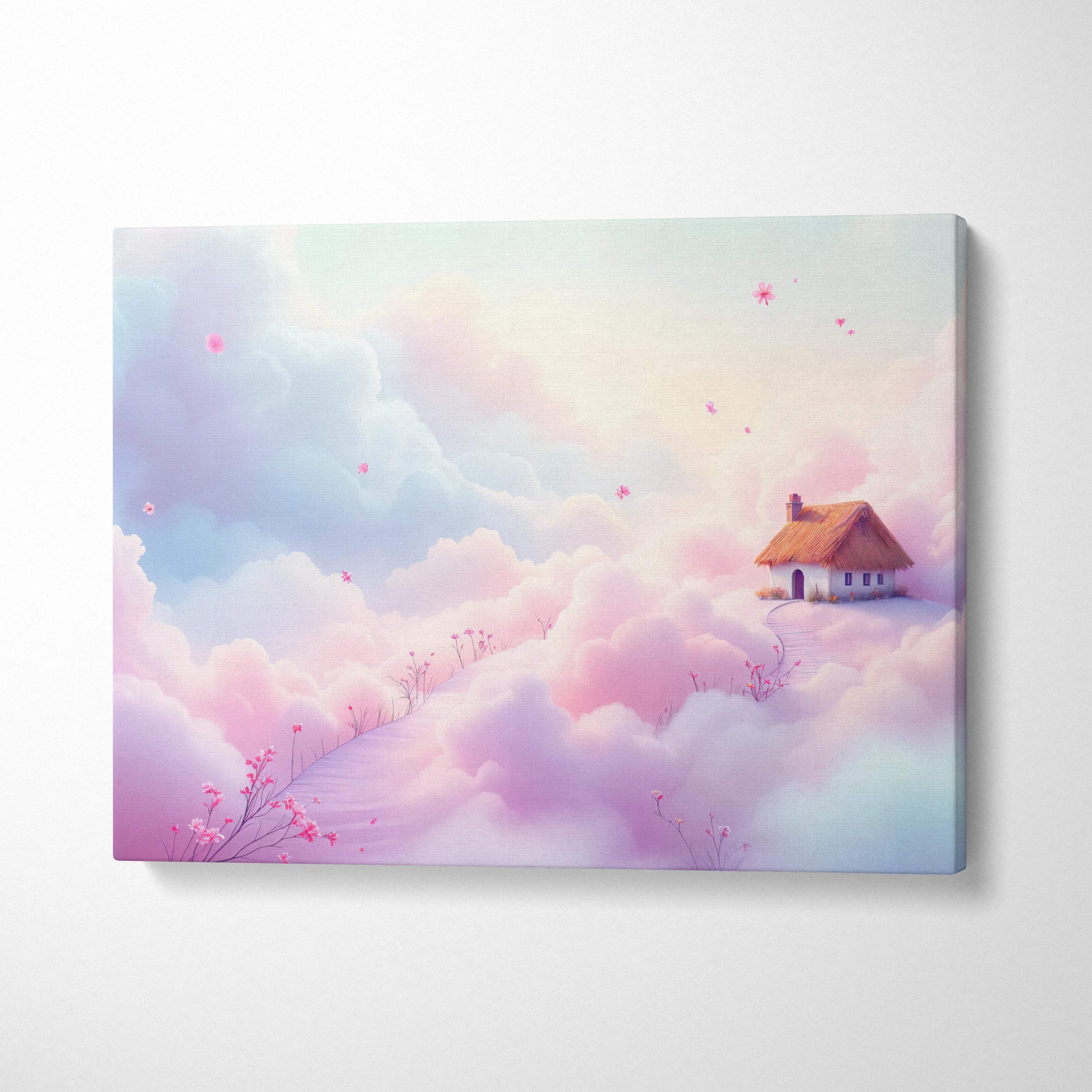Dreamy pastel cottage floating above cloud sea with drifting petals canvas art