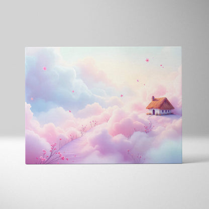 Dreamy pastel cottage floating above cloud sea with drifting petals canvas art