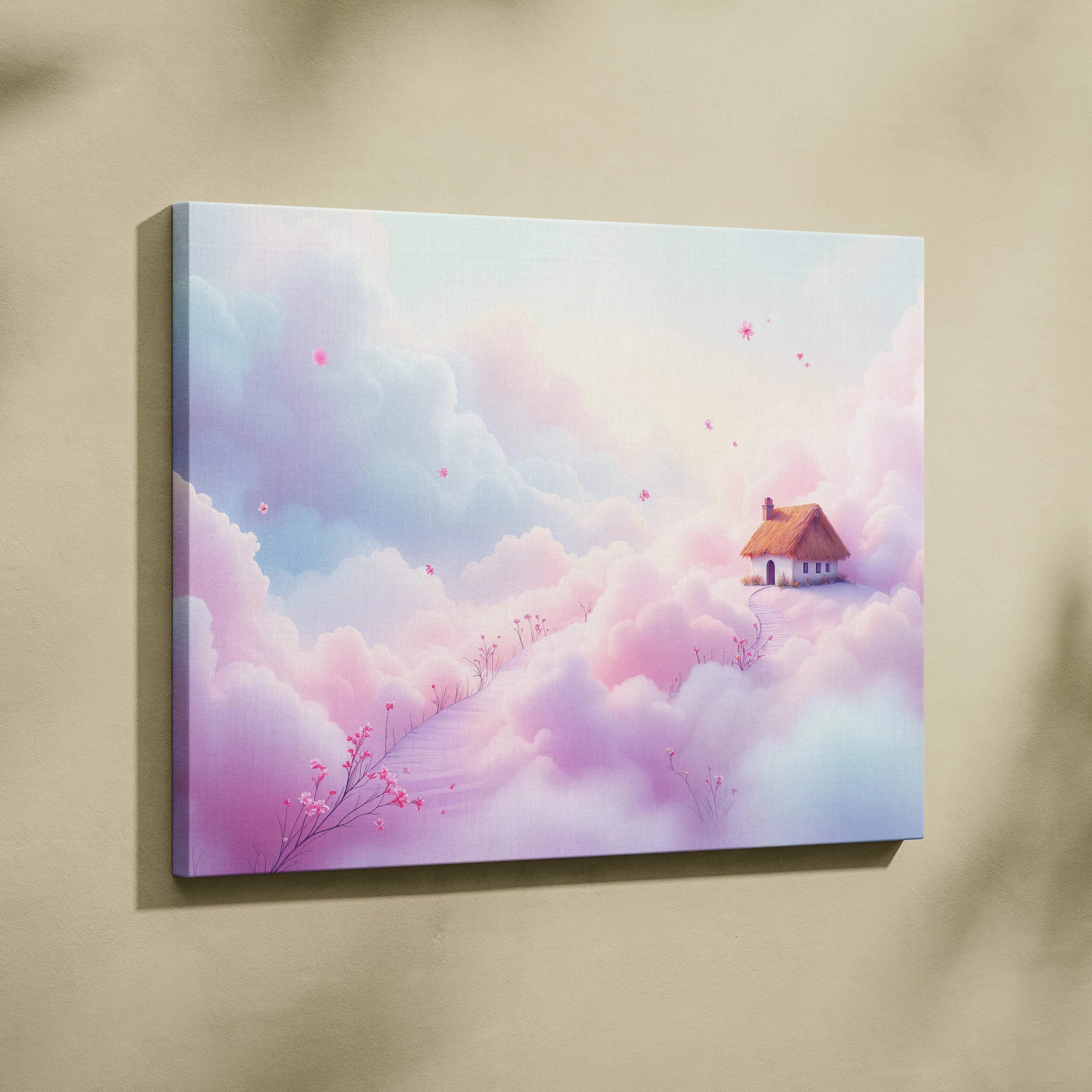 Dreamy pastel cottage floating above cloud sea with petals canvas print