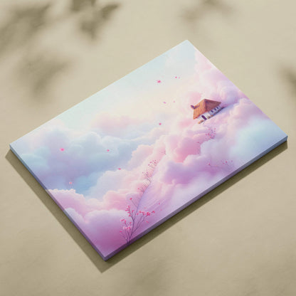 Dreamy pastel cottage with orange roof floating on pink clouds and cherry blossoms canvas art