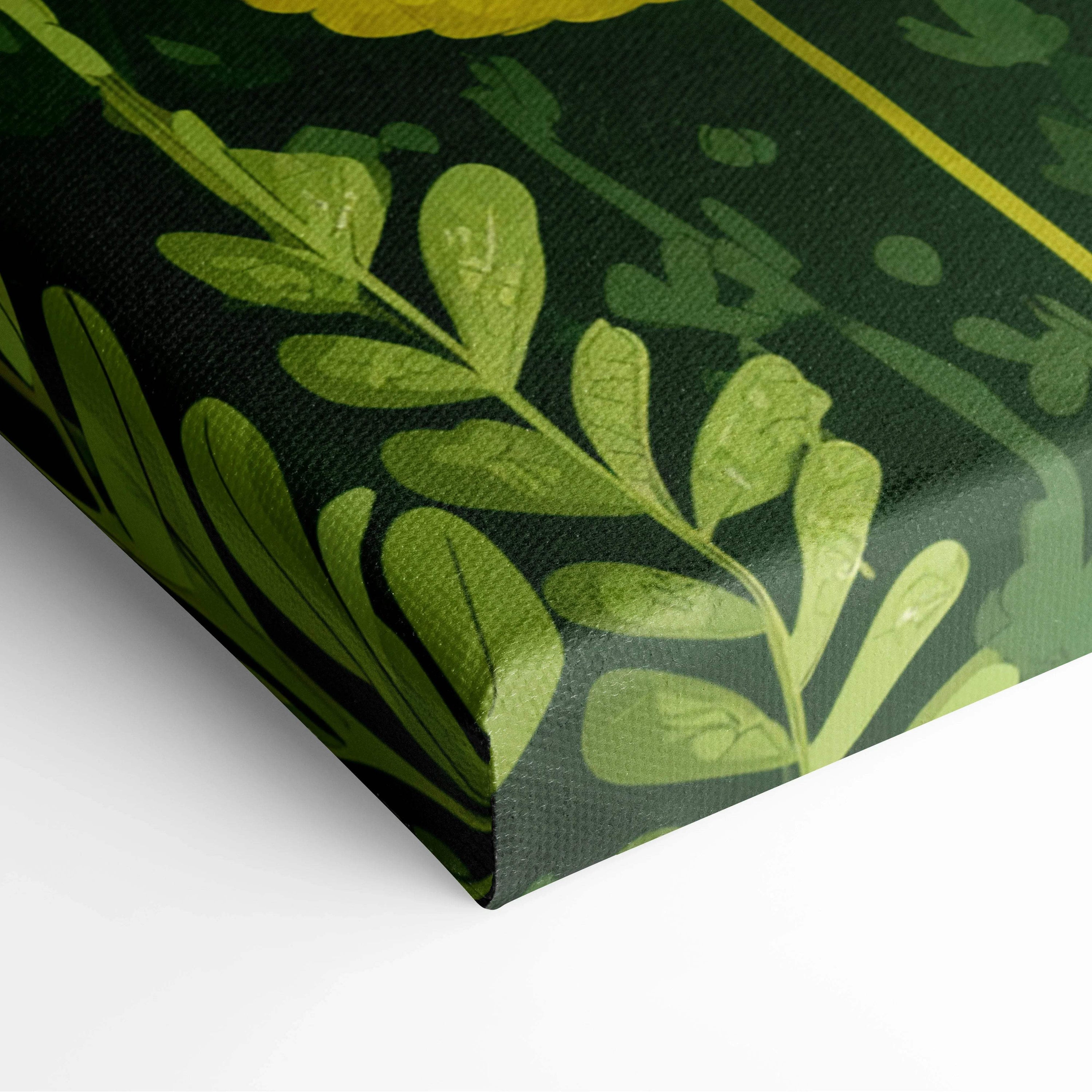 Visionary Botanical canvas print with yellow blooms, pink flowers, lush green foliage on dark green background