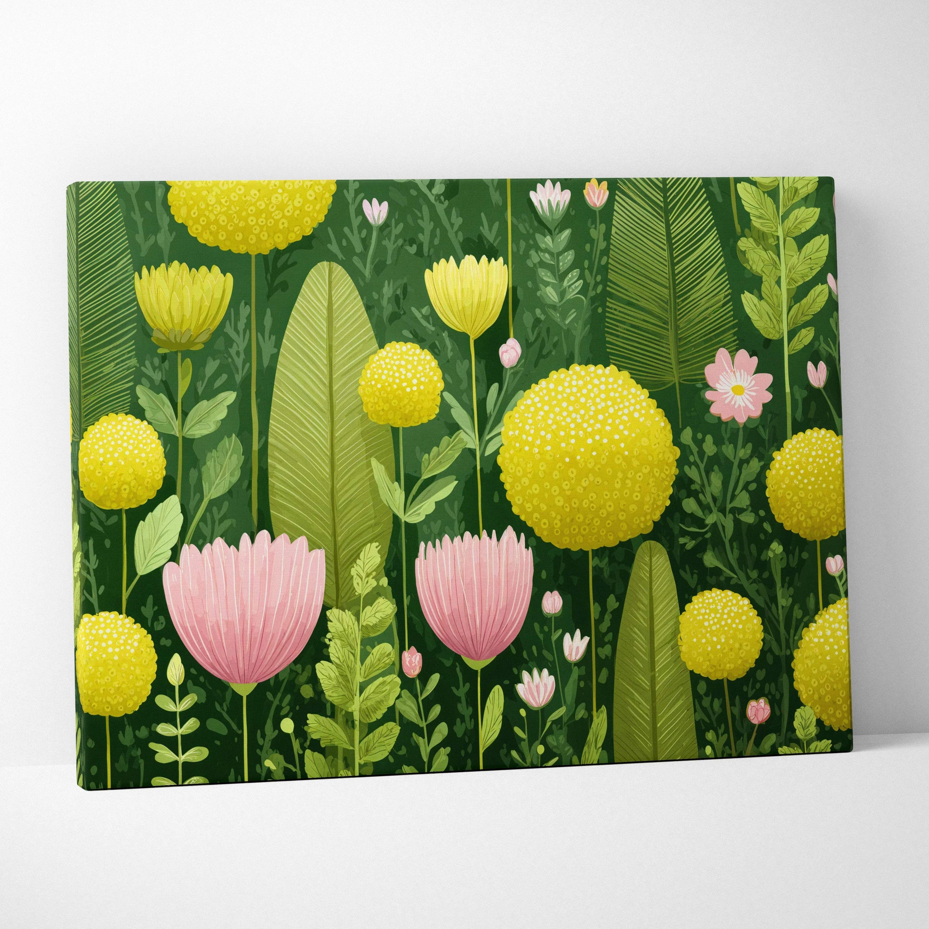 Visionary Botanical yellow blooms with pink flowers in lush green canvas art