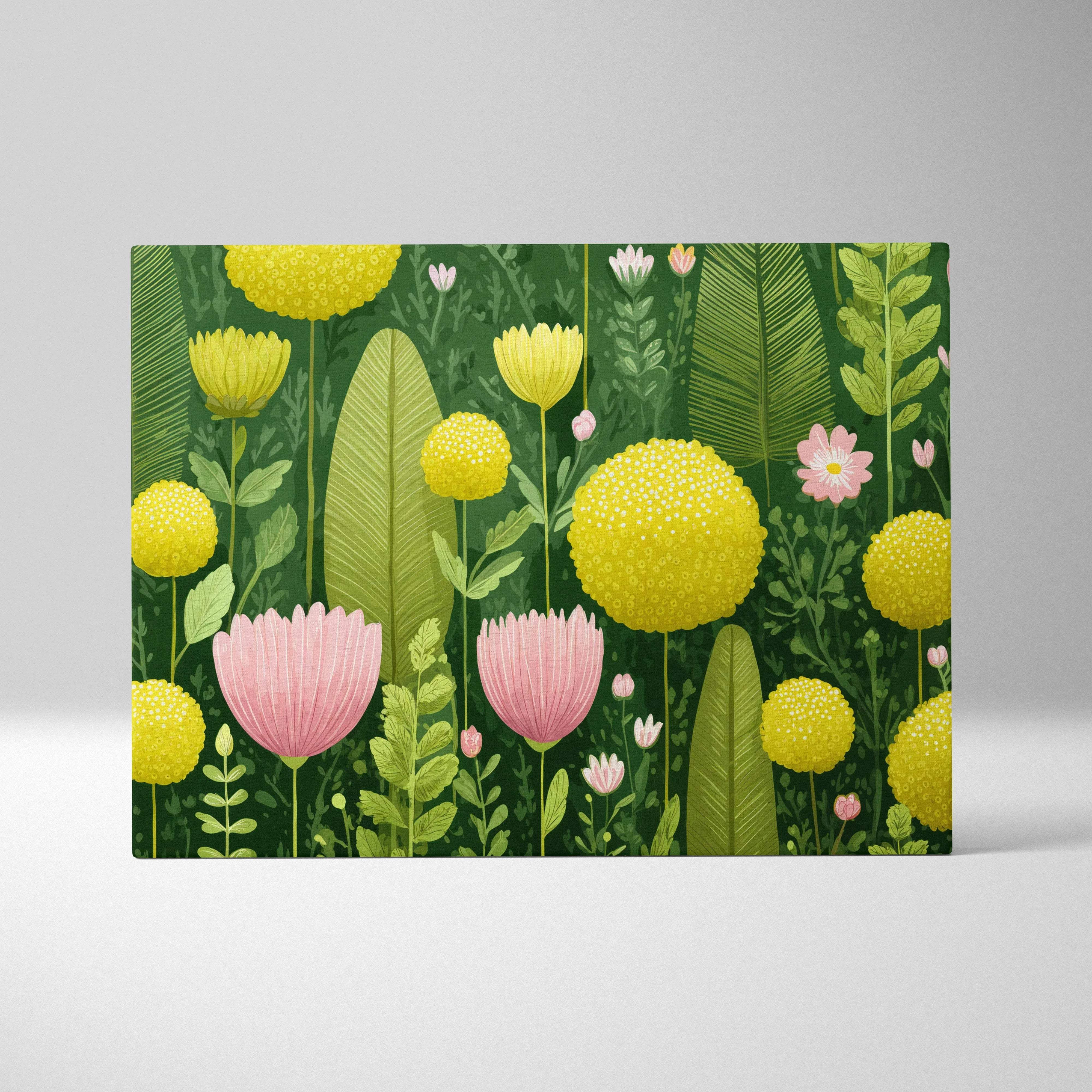 Visionary Botanical canvas print with yellow pink blooms on green foliage