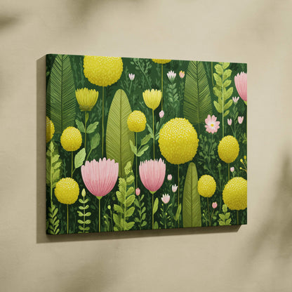 Visionary Botanical yellow blooms with pink flowers in green foliage canvas art