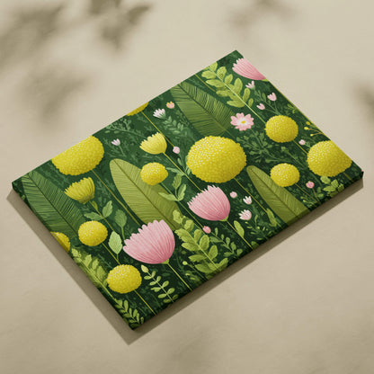Visionary Botanical canvas with yellow blooms, pink flowers, lush green foliage