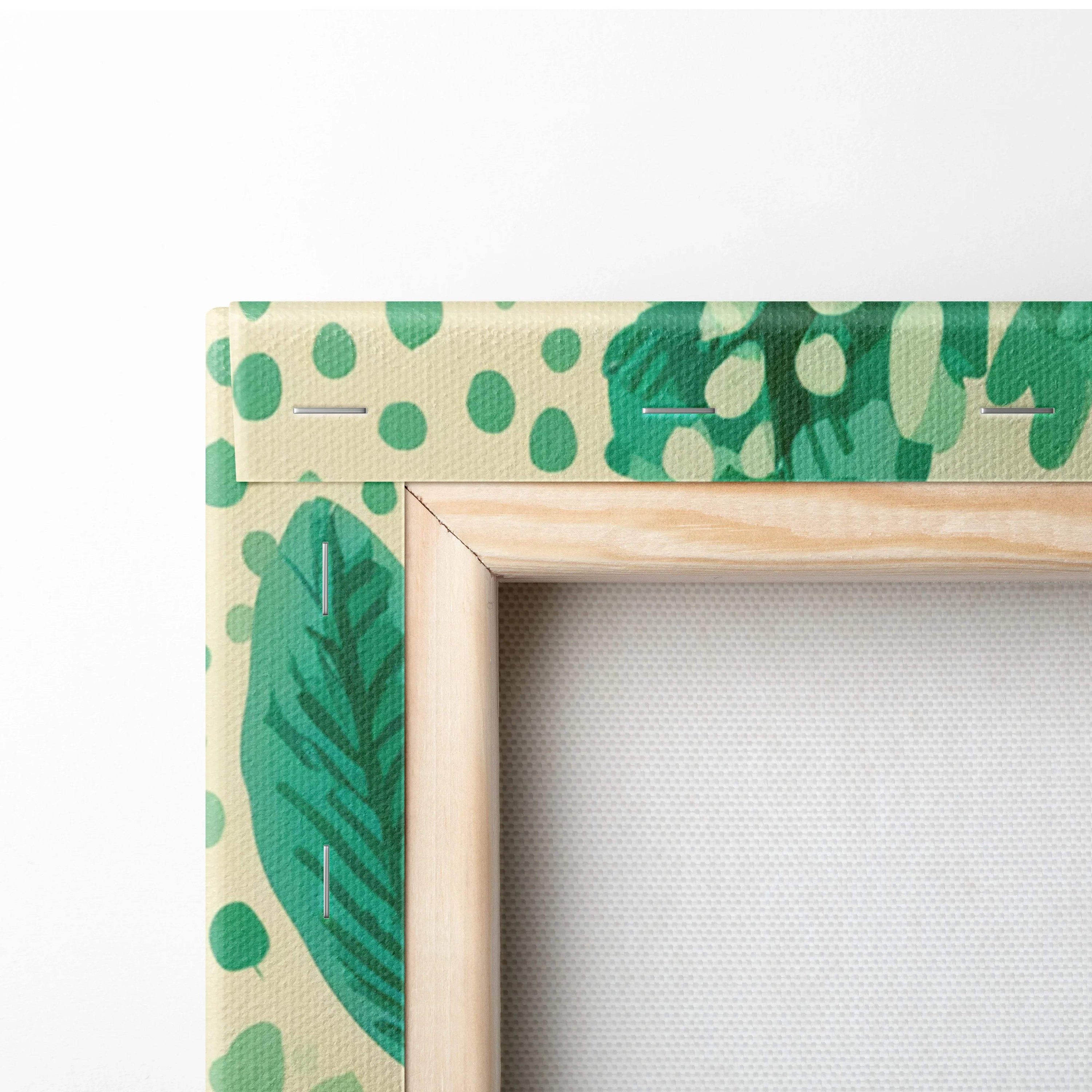 Playful pink teal lime floral canvas wall art with green leaf polka dot border