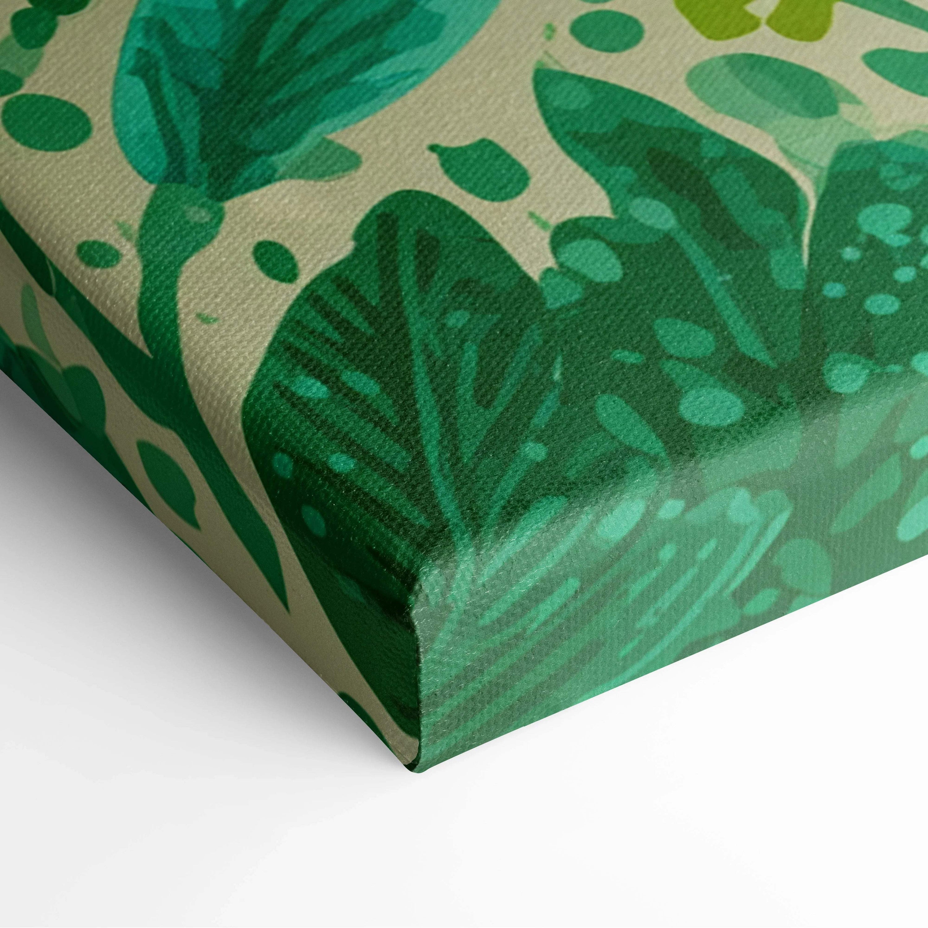 Vibrant green leaf pattern on beige canvas wall art with pink teal lime floral spring energy