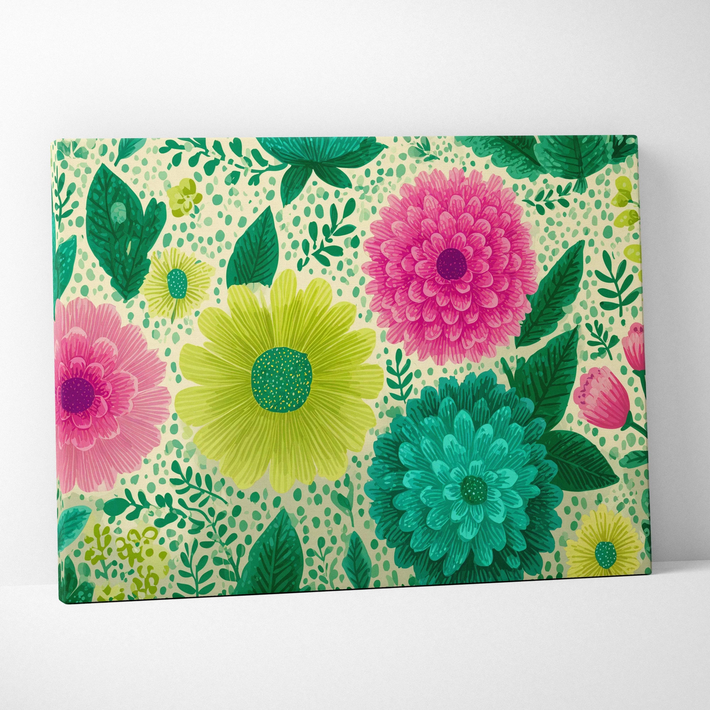Playful pink teal lime floral canvas wall art with vibrant blossoms and greenery